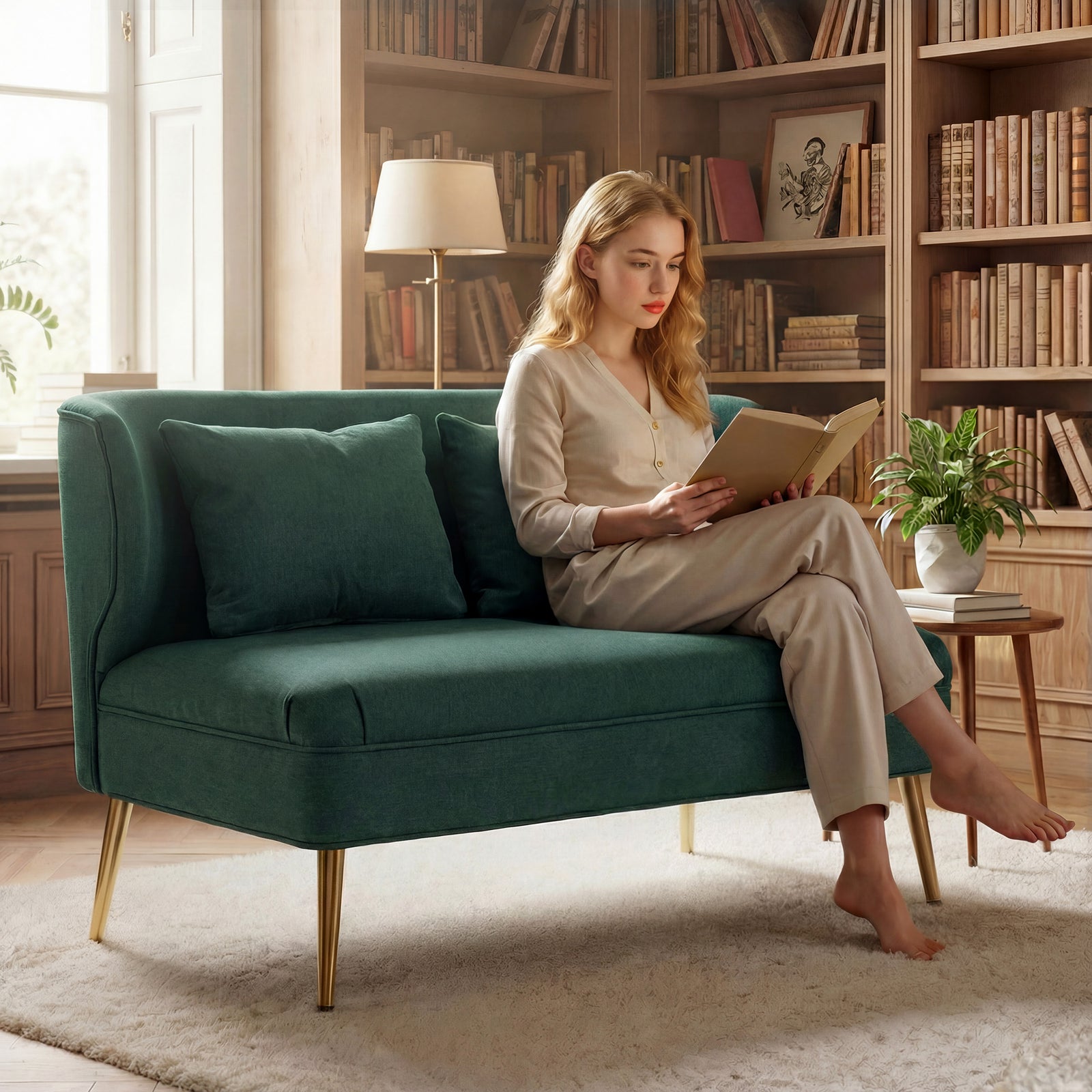 2 Seater Sofa, Small Sofa With Wing Back, Thick Seat | Green