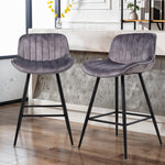Set Of 2 Modern Flannel Bar Stools With Backrest – Soft Padded Seat, Metal Legs | Grey