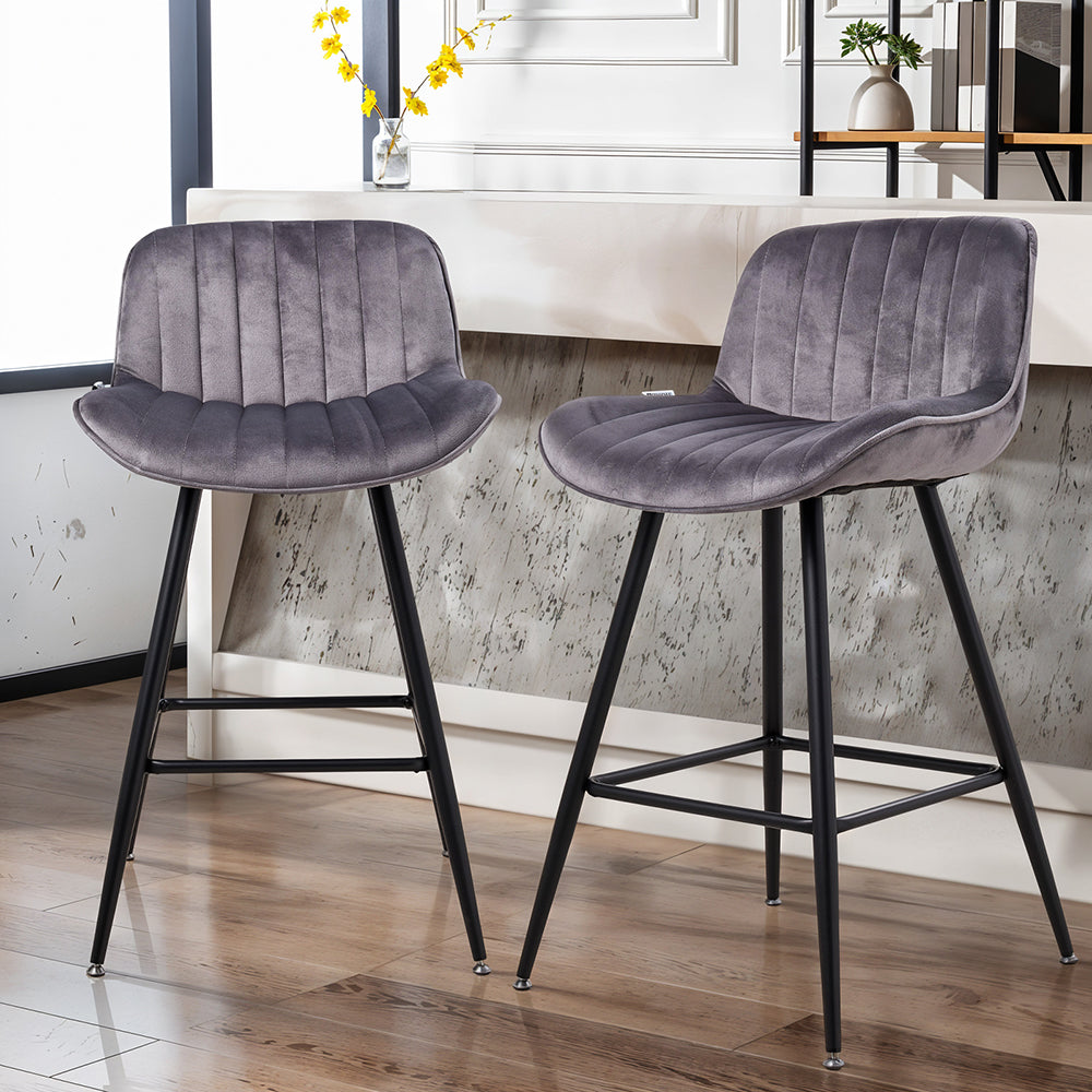 Set Of 2 Modern Flannel Bar Stools With Backrest – Soft Padded Seat, Metal Legs | Grey