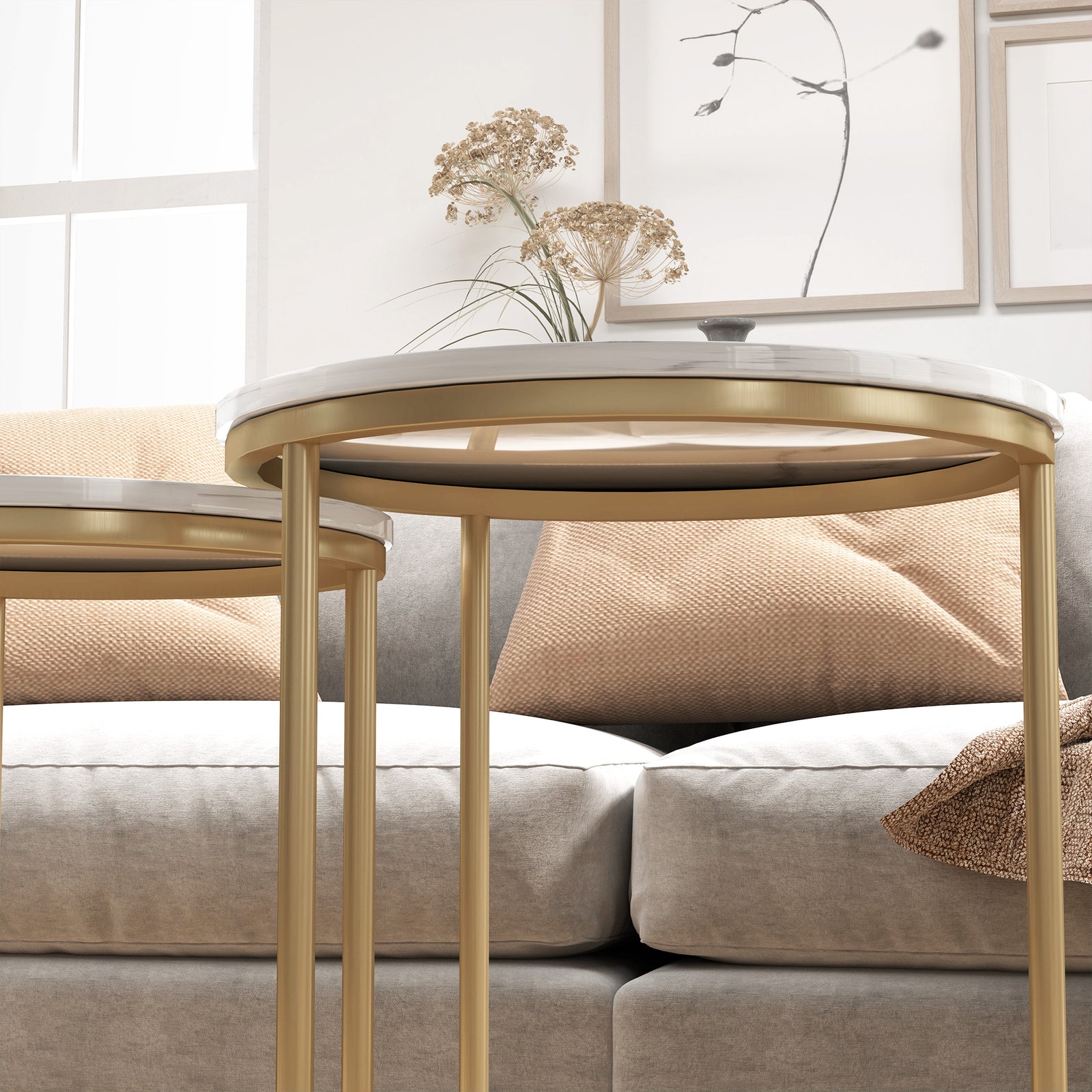 Nesting Coffee Table Set Of 2 With Metal Frame, Gold Tone