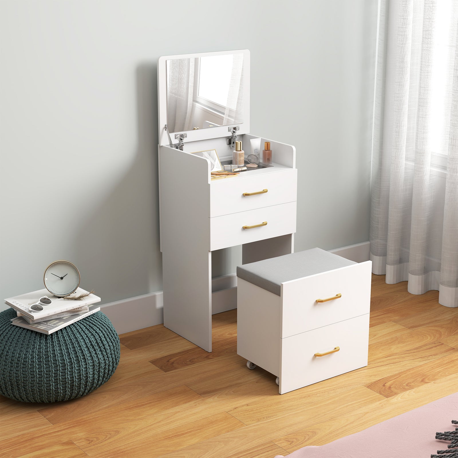 3 In 1 Dressing Table Vanity Desk With Mirror And Cushioned Stool