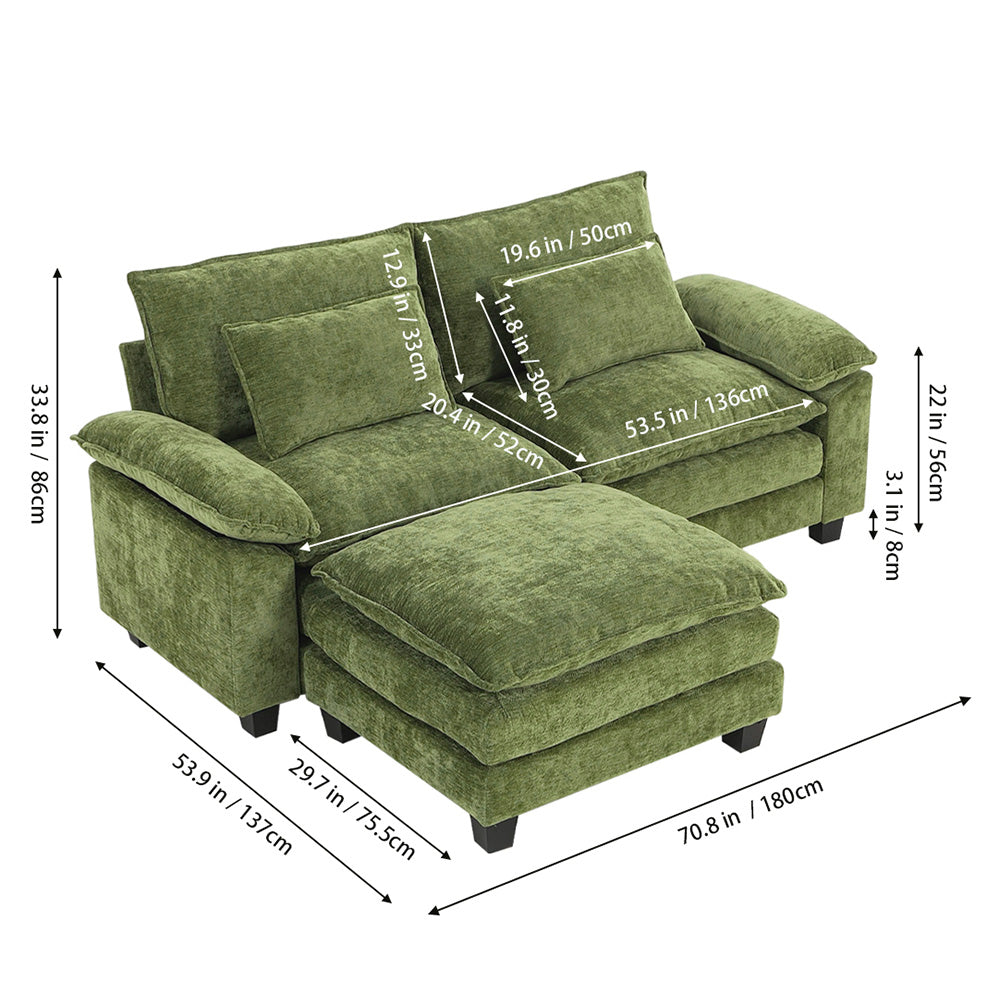 Chenille Sectional Sofa With Ottoman And Lumbar Pillows | Green