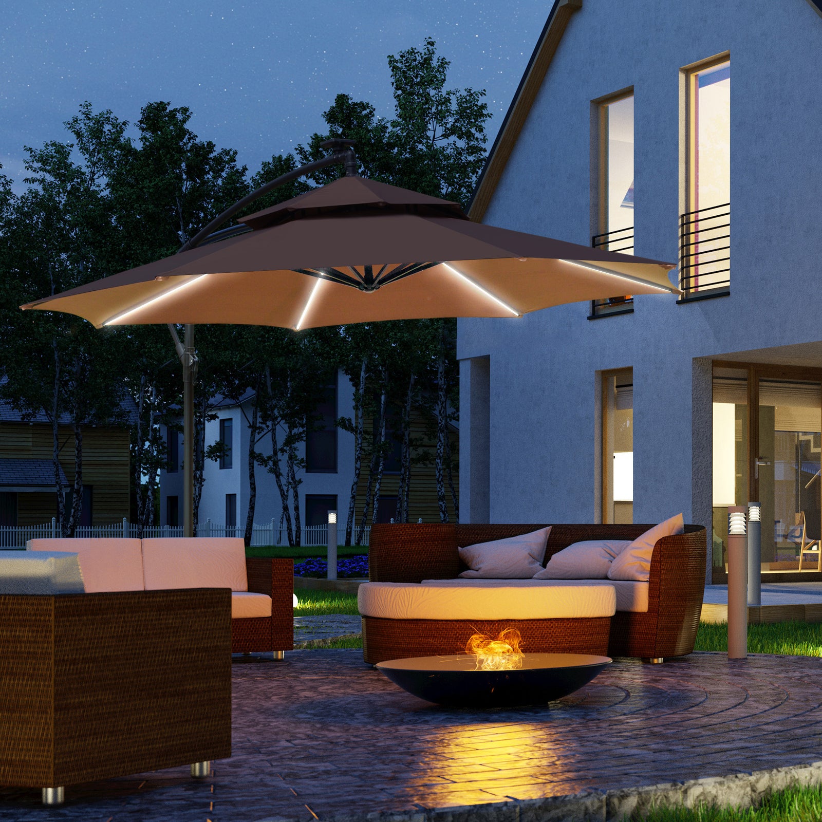 3m Cantilever Banana Parasol W/ Led Solar Lights | Brown