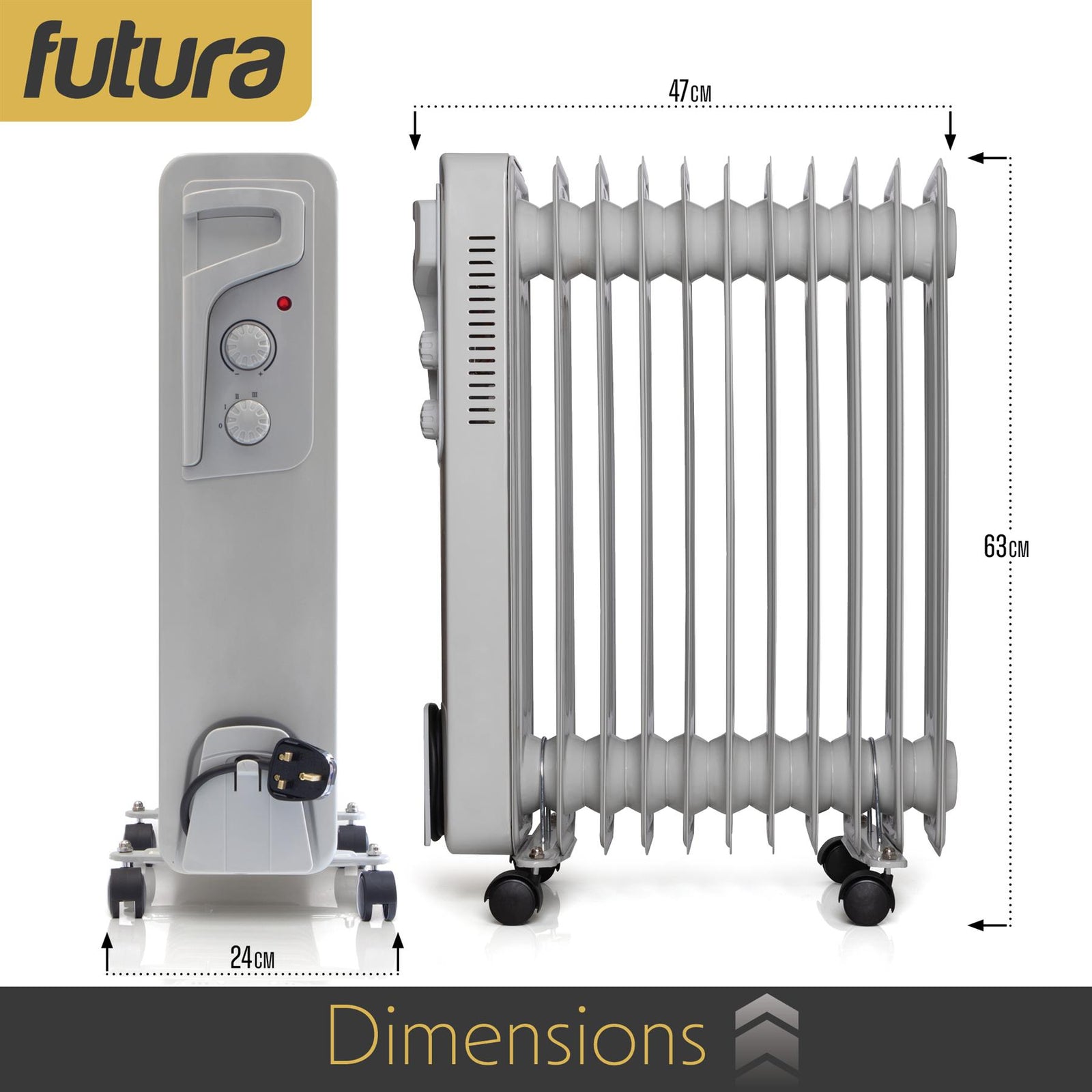 Oil Filled Radiator Portable Electric Room Oil Heater 3 Heat Settings | 2500w | Grey