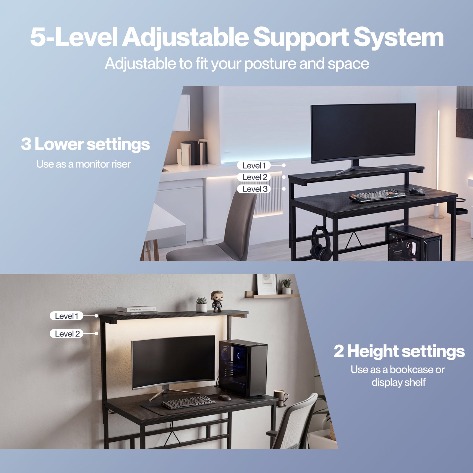 Compact Gaming Desk Pc Computer Table With Adjustable Monitor Shelf | Black