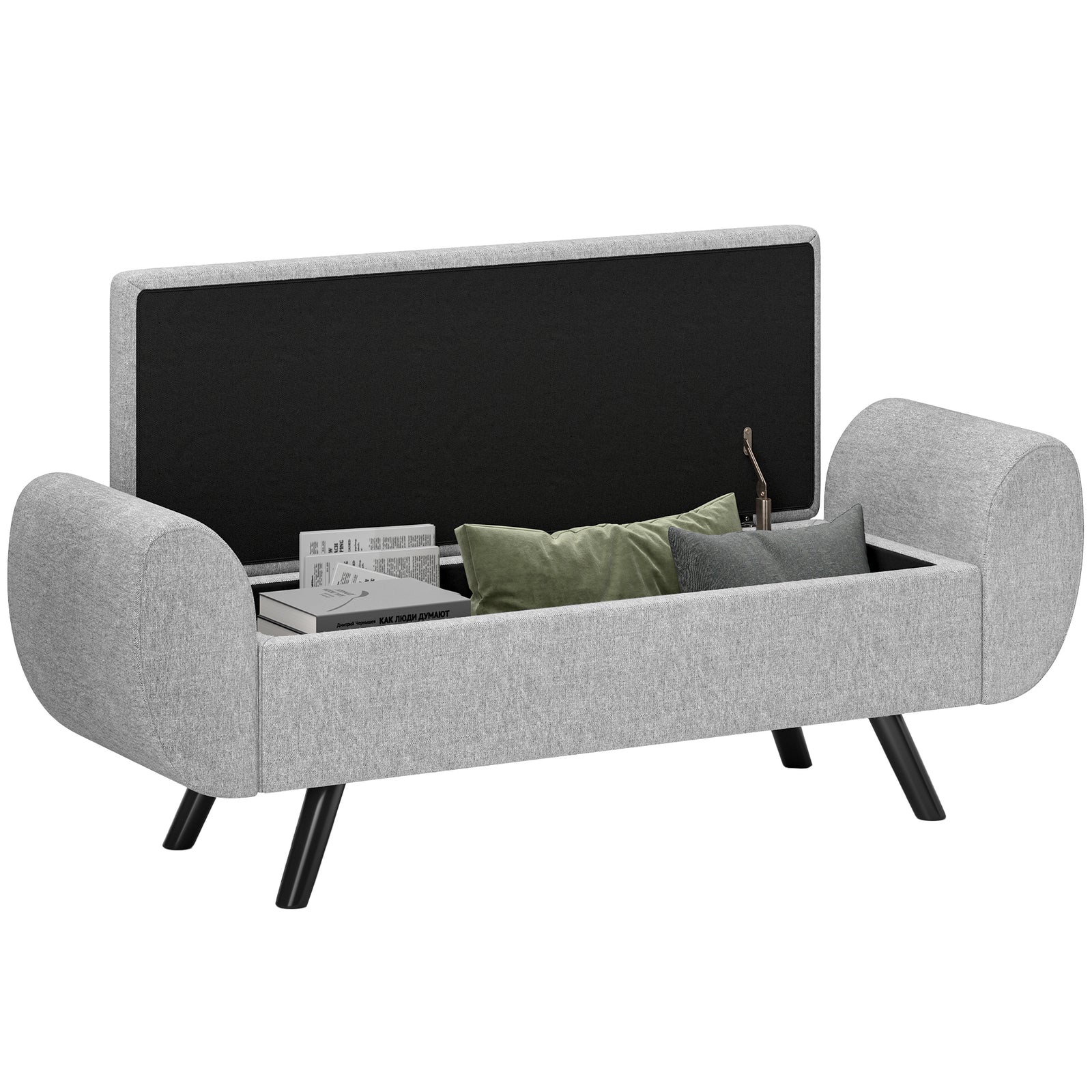 Storage Ottoman With Armrest, Upholstered Linen Storage Bench | Dark Grey