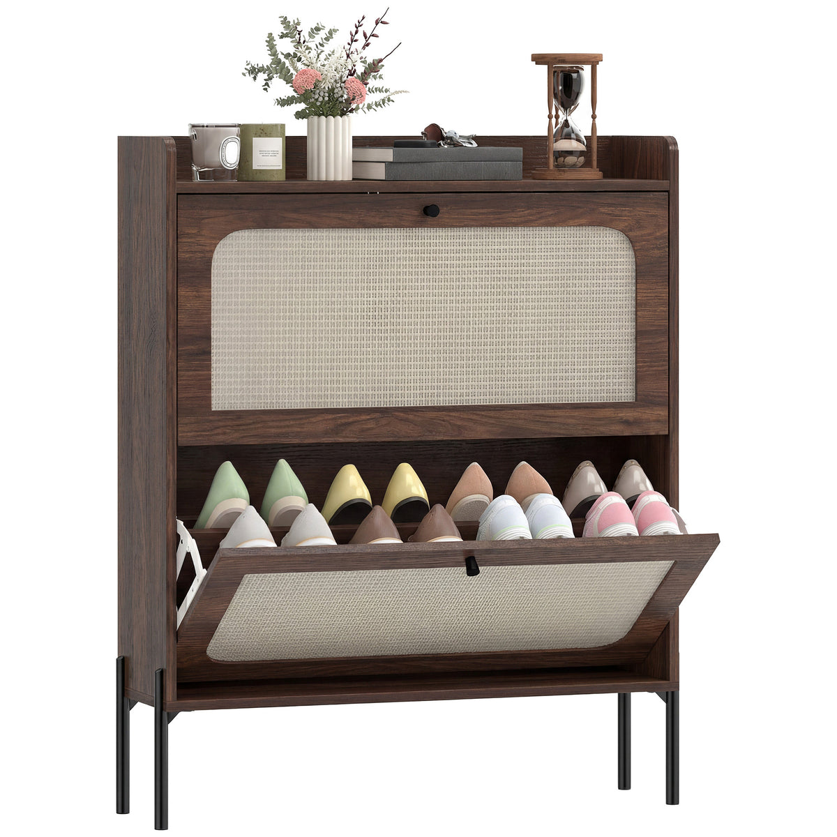 HOMCOM Boho Narrow Shoe Cabinet, Shoe Rack With 2 Flip Drawers