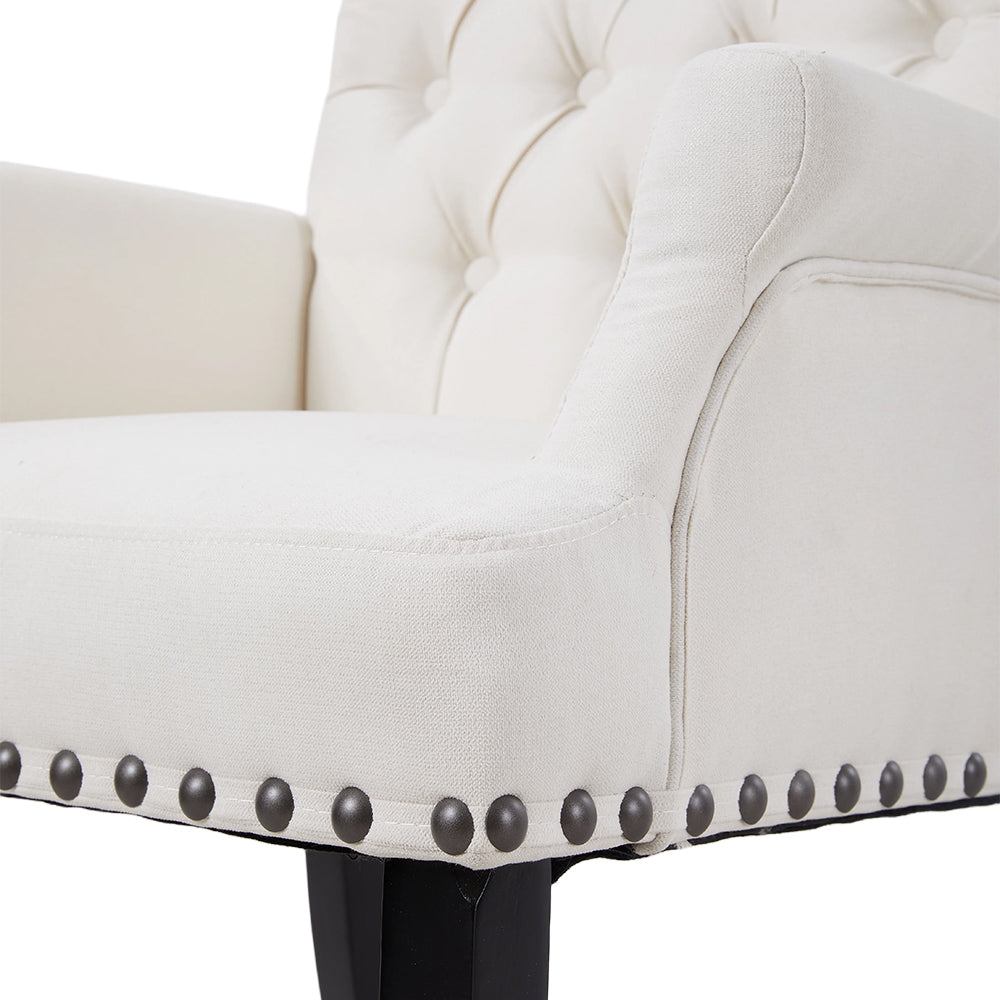 Classic Upholstered Armchair Tufted Back Fabric Dining Chair With Nailhead Detailing | White