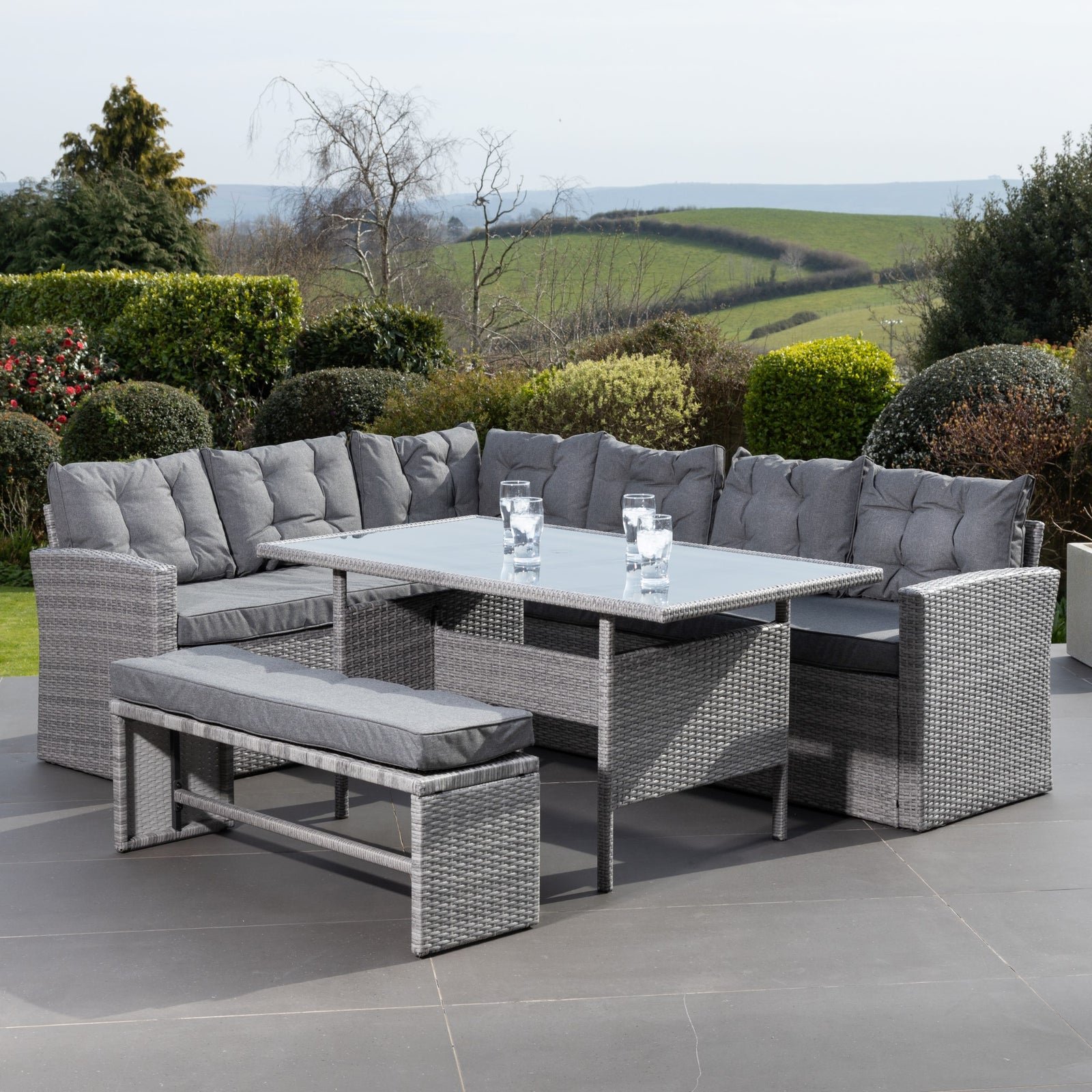 Piana Outdoor Rattan Corner Sofa With Table And Bench | Set of 10 | Grey