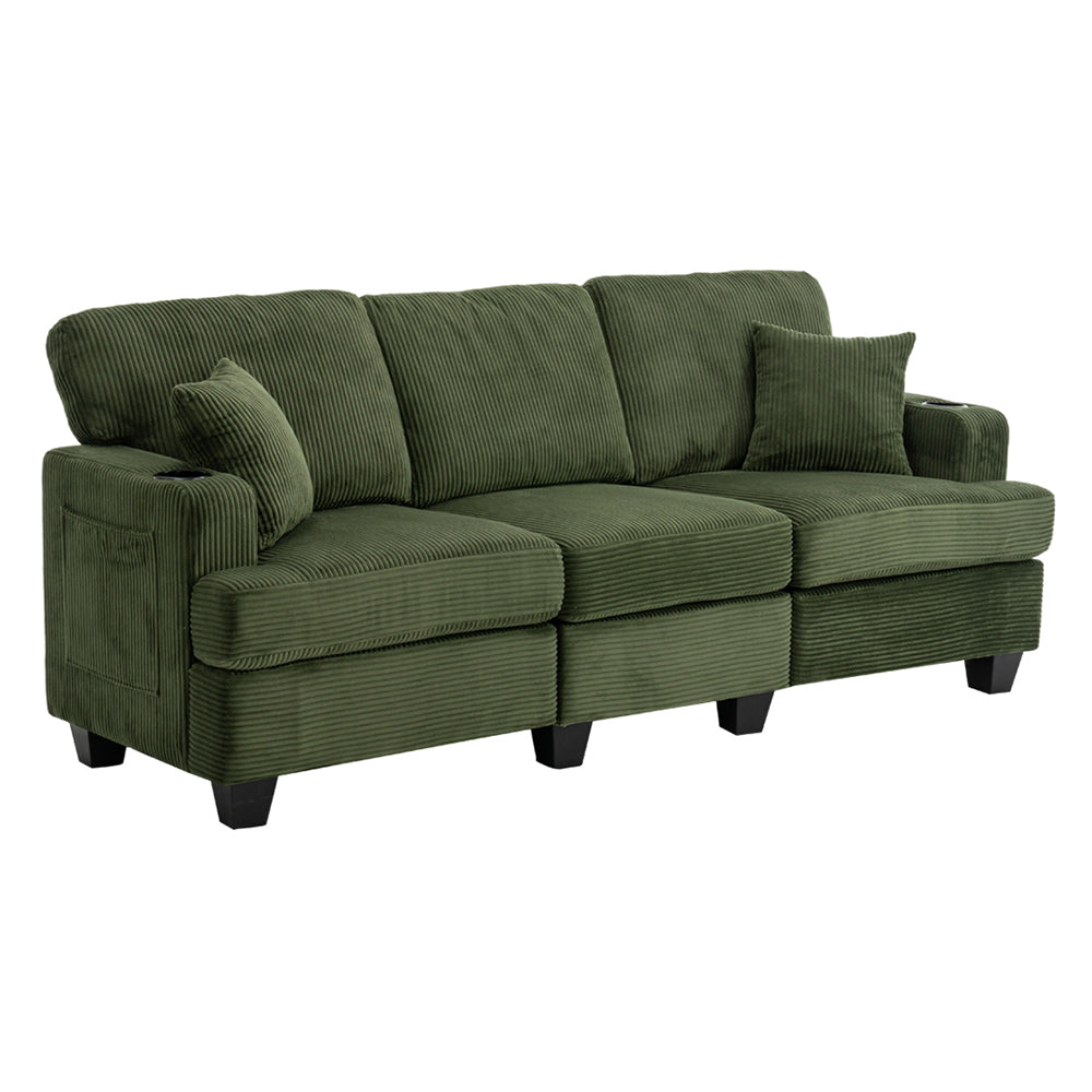 Corduroy 3-seater Couch For Living Room With Cup Holders, Wooden Frame, Soft Cushions, Modern Sofa | Green
