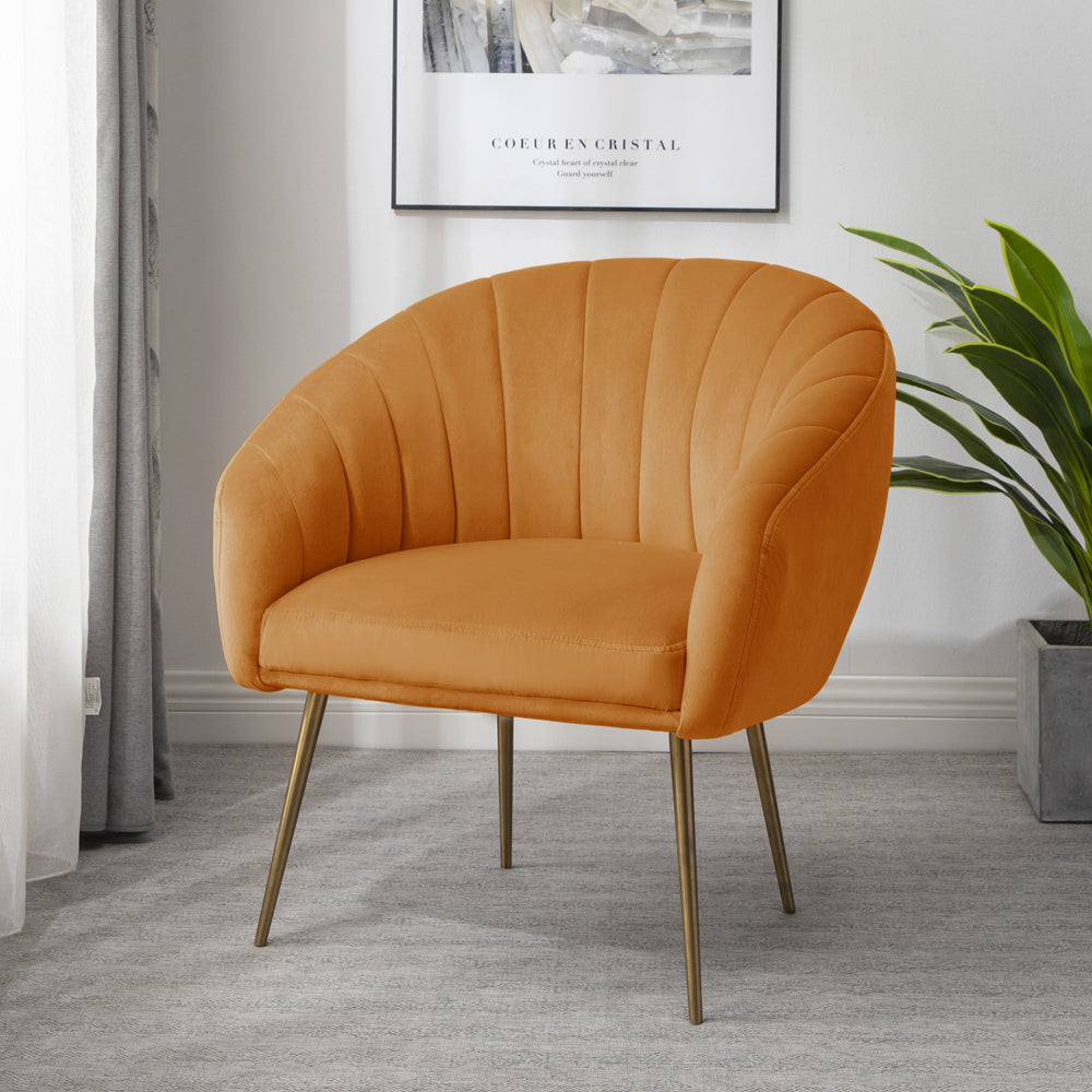 Helena 74cm Wide Shell Back Velvet Fabric Accent Chair With Brass Coloured Steel Legs | Orange