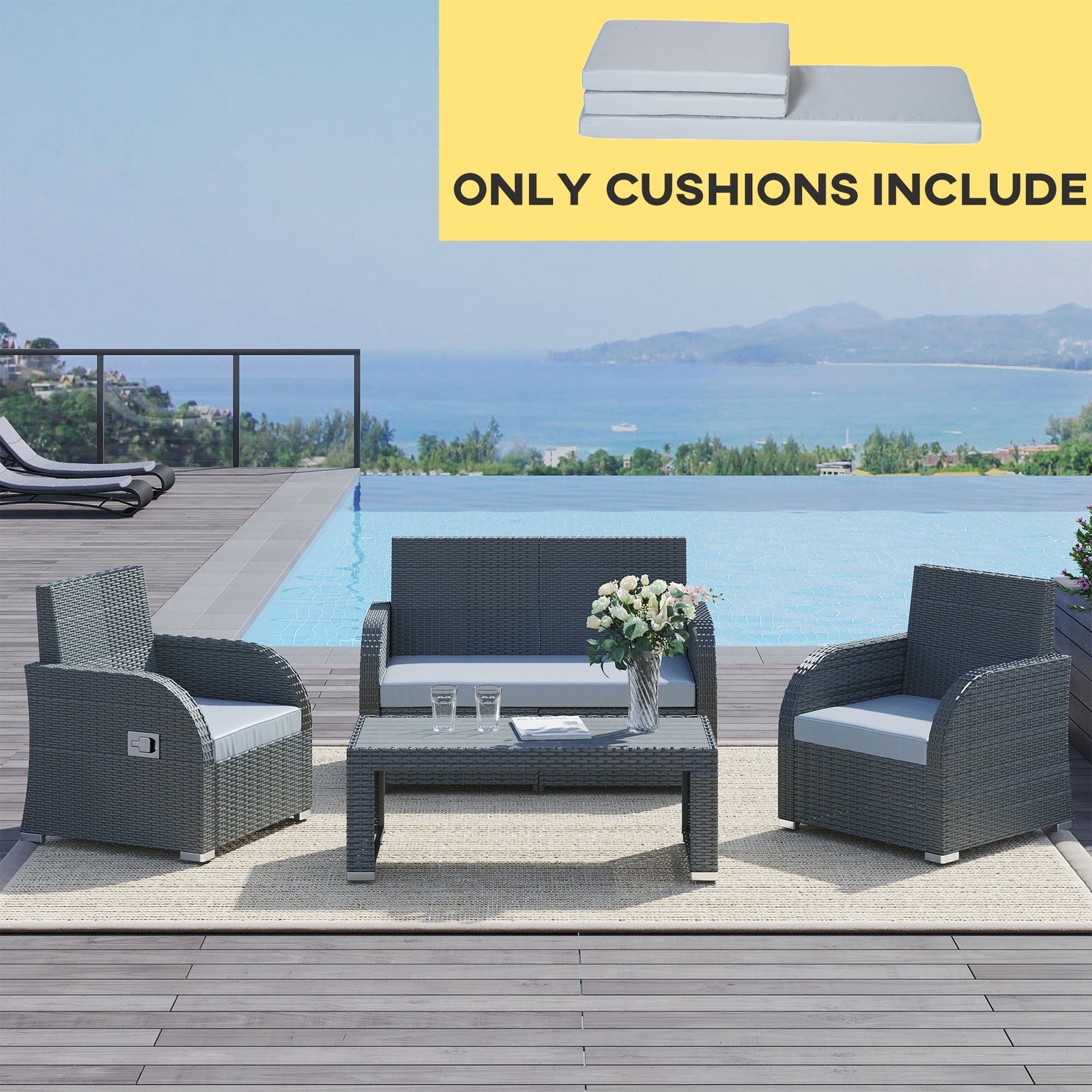 3pcs Rattan Garden Seat Cushions Pads For Patio Furniture | Gray