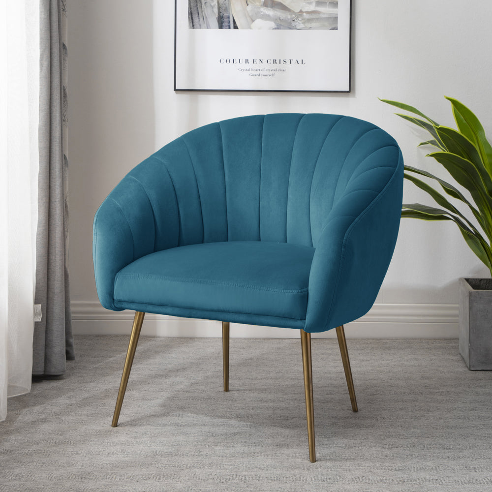Helena 74cm Wide Shell Back Velvet Fabric Accent Chair With Brass Coloured Steel Legs | Teal