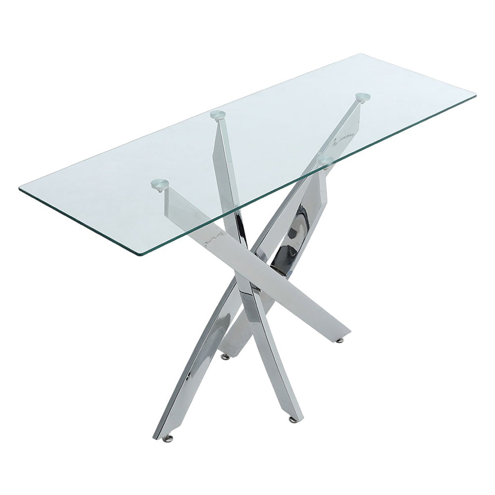 Rectangular Tempered Glass Dining Table With Chrome Cross Legs | Small