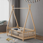 Kids Pine Wood Tent-style Bed Frame With Guardrails – 140cm X 70cm Low Design Montessori Toddler Bed For Safe And Imaginative Play