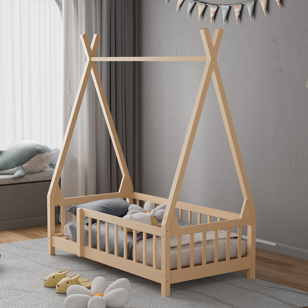Kids Pine Wood Tent-style Bed Frame With Guardrails – 140cm X 70cm Low Design Montessori Toddler Bed For Safe And Imaginative Play