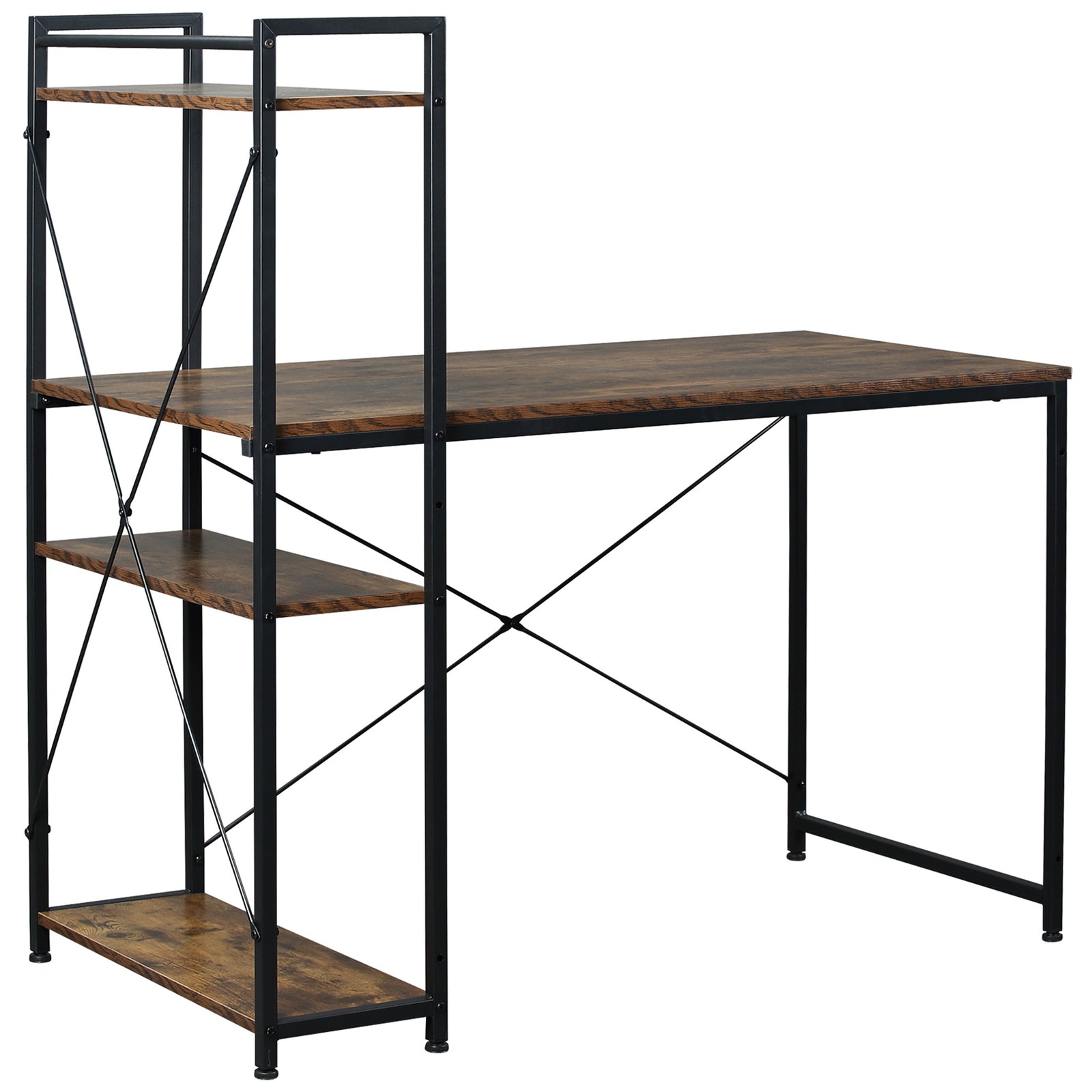 Computer Desk Laptop Table W/4-tier Bookshelf Metal Frame | Pale Brown