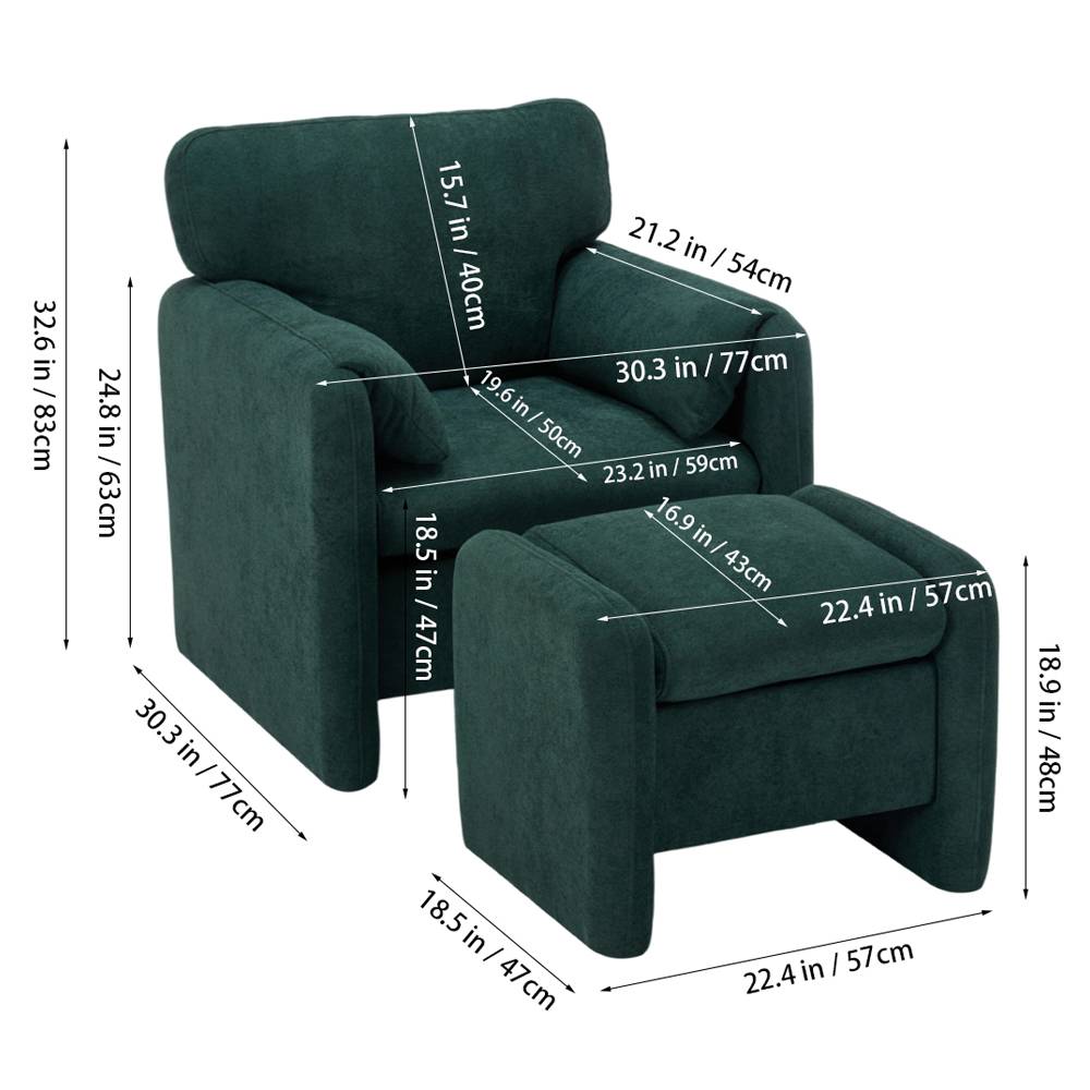 Chenille Upholstered Armchair With Footstool | Green