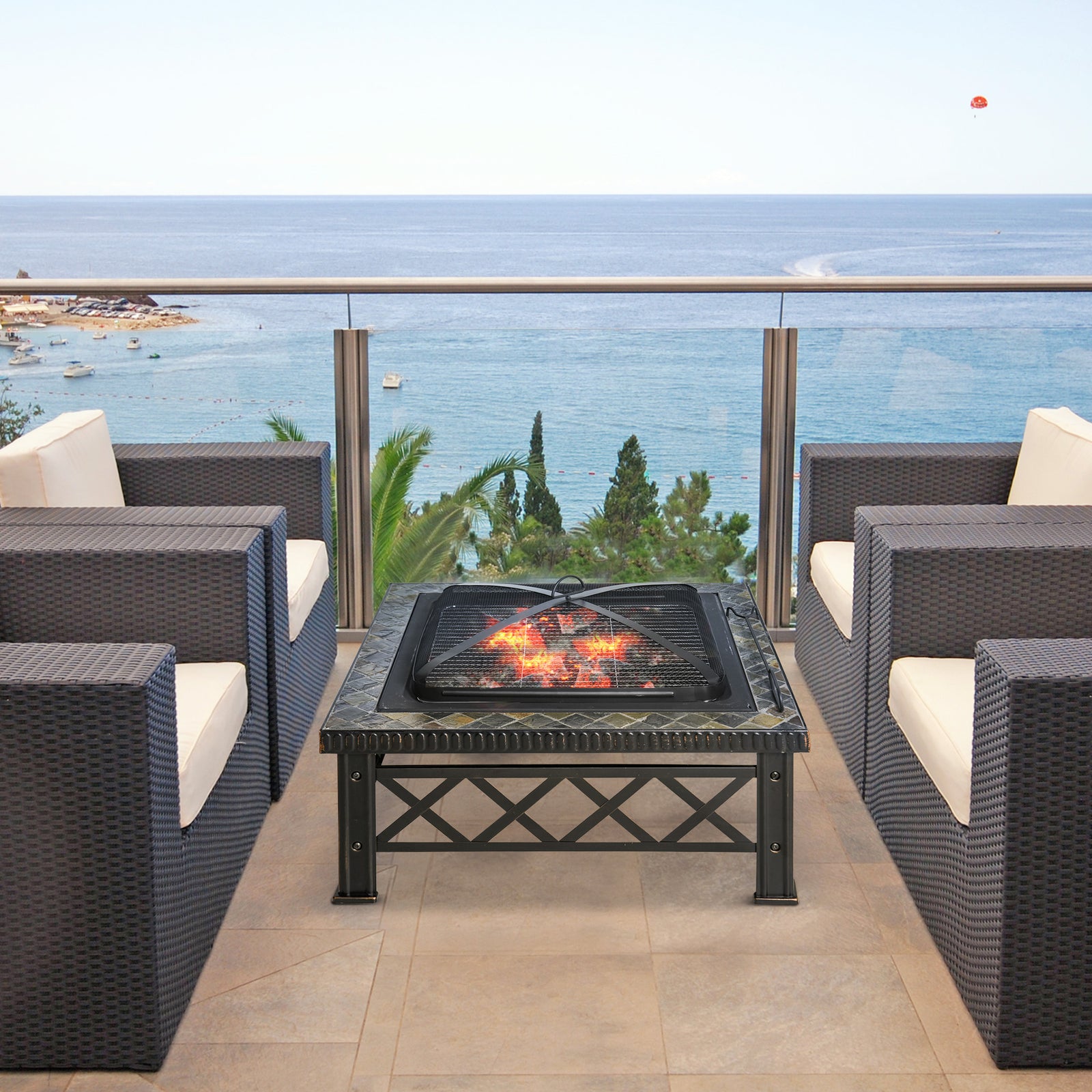 Square Fire Pit Table W/ Grill Shelf, 76cm