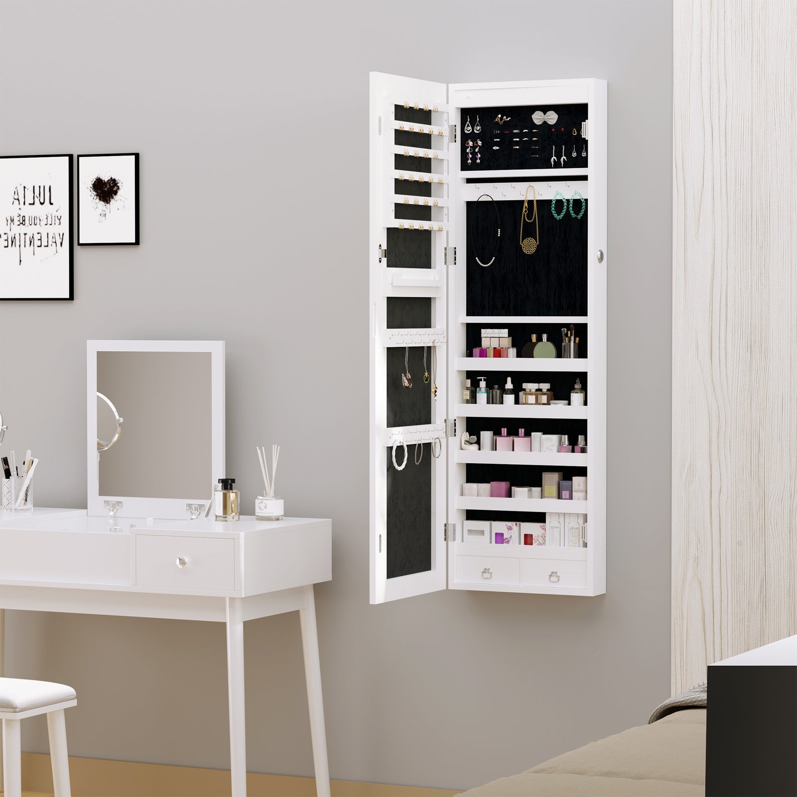 Hanging Mirrored Jewel Storage Cabinet Organiser Lockable