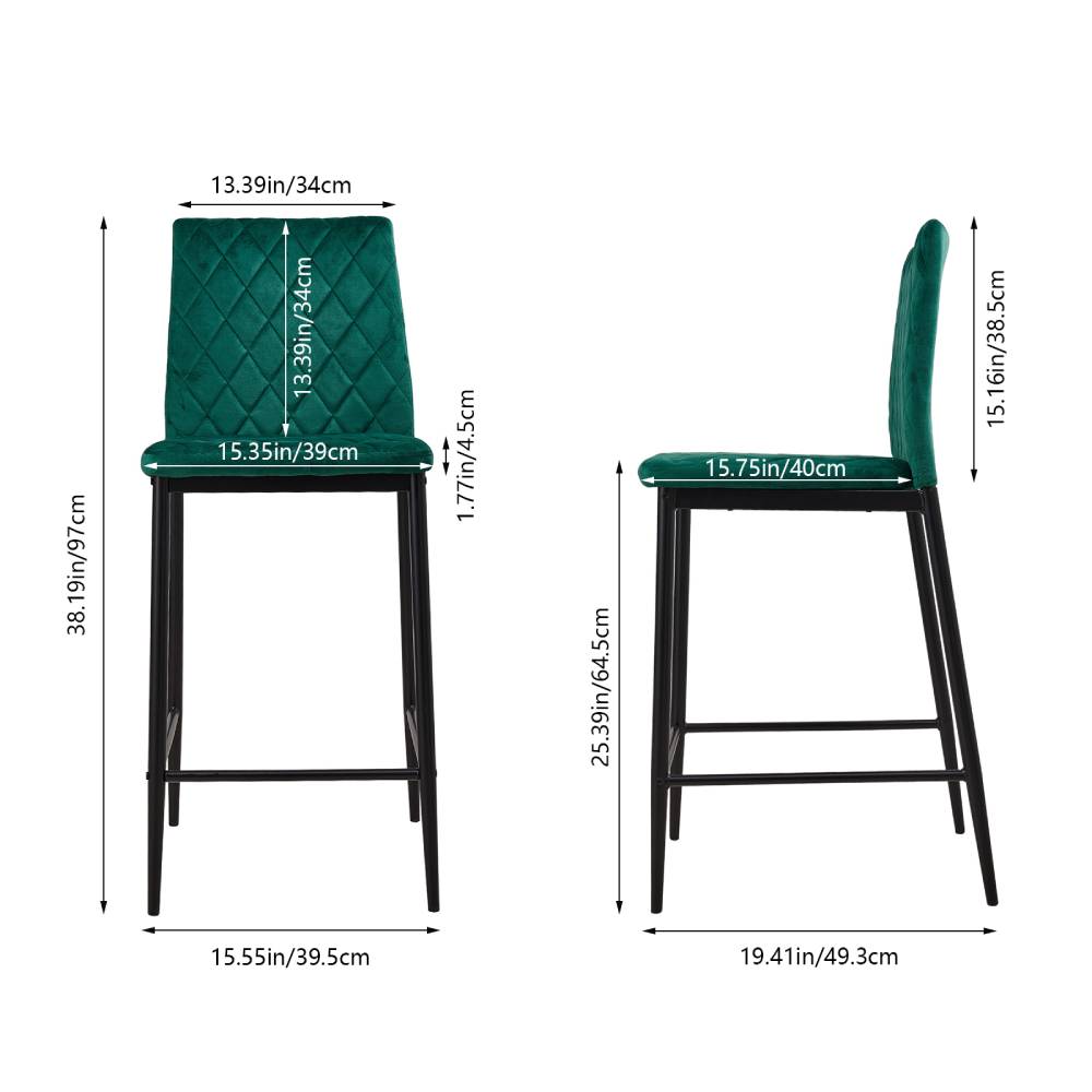Set Of 2 Modern Velvet Upholstered Bar Stools With Diamond-quilted Backrest & Metal Legs