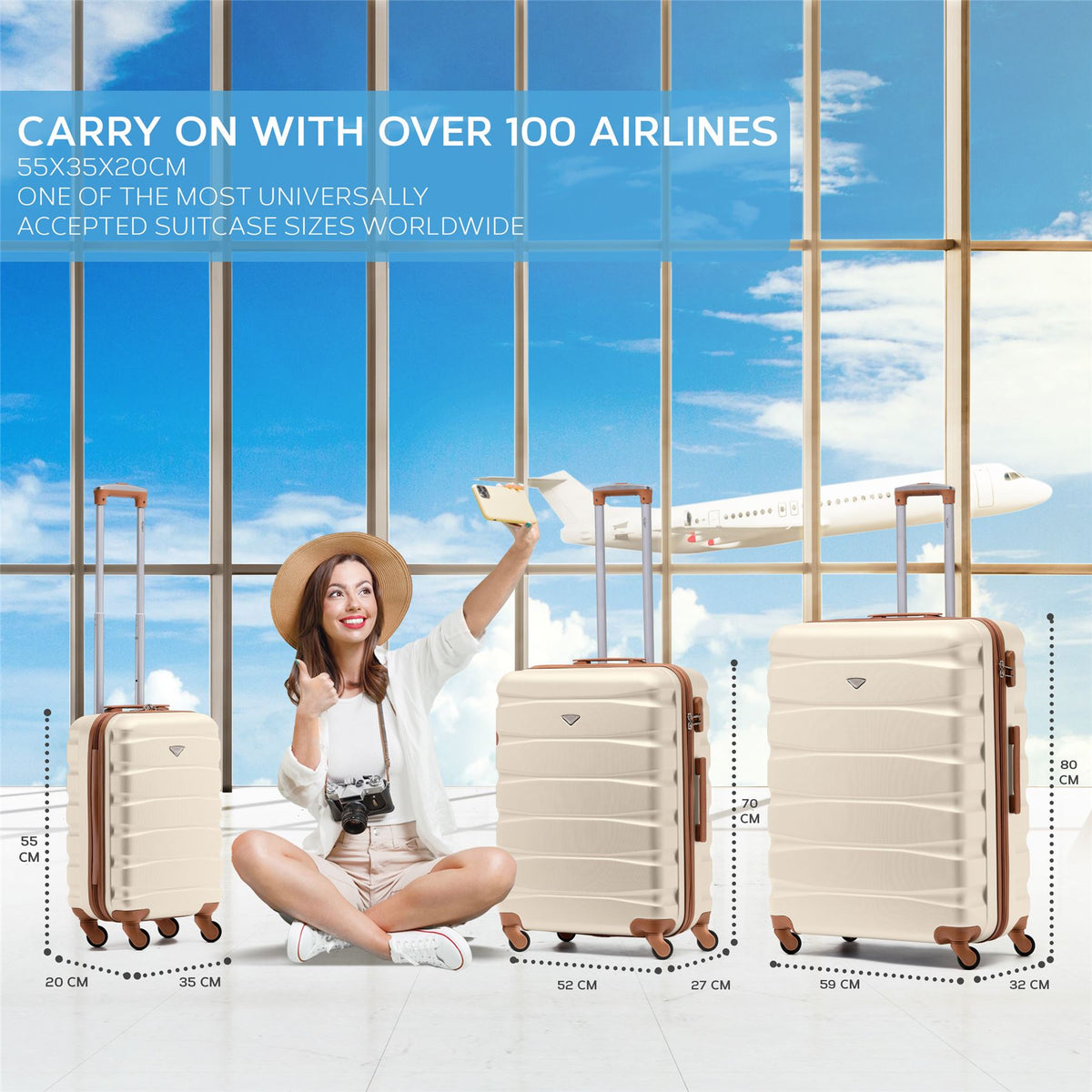 Set Of 3 Hard Shell Suitcase Cabin & Check In Cases With Tsa Lock - Overhead Cabin With Medium & Large Check-in Bag | Set of 3 | Cream