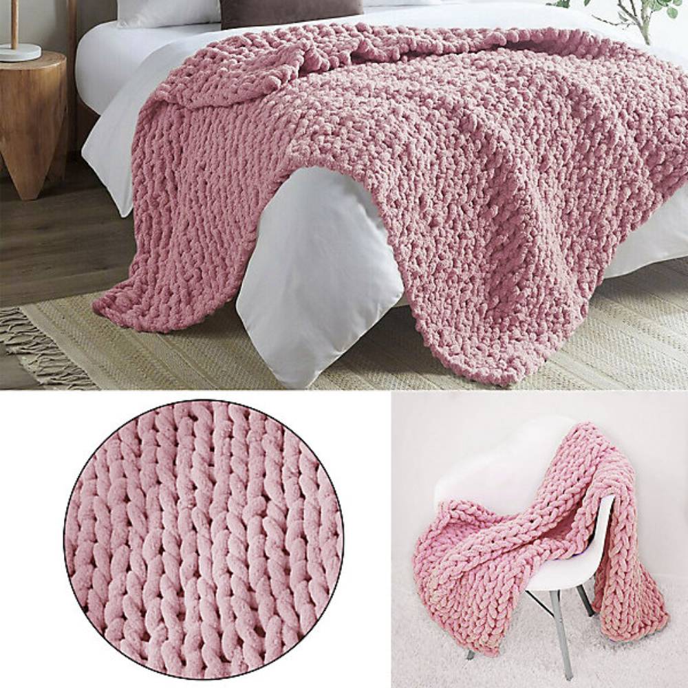 Pink Hand-woven Chenille Throw Blanket – Soft Cozy Knit Blanket For Couch, Sofa & Bed | Large | Pink