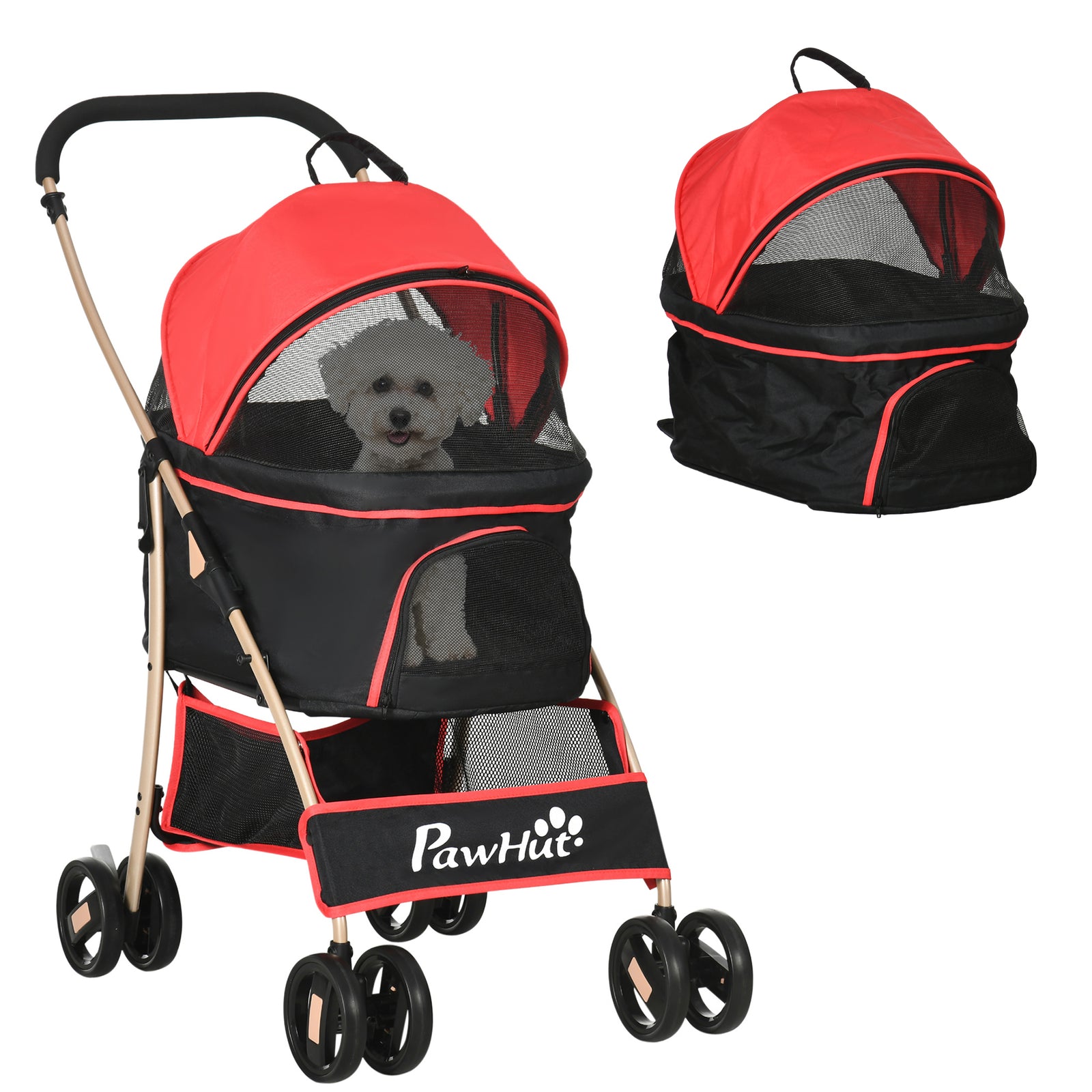 3 In 1 Pet Stroller, Detachable Dog Cat Travel Carriage | Red