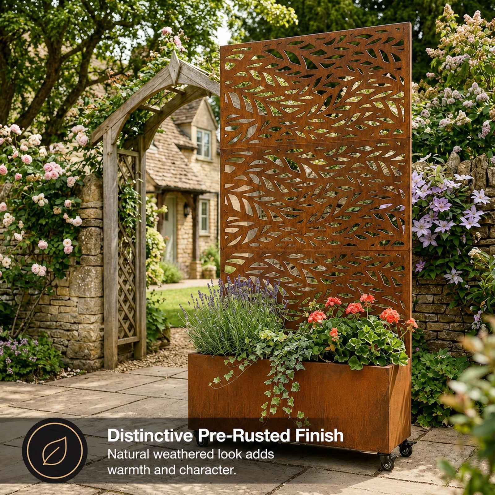 Metal Privacy Screen With Plant Pot - Leaf | Rust