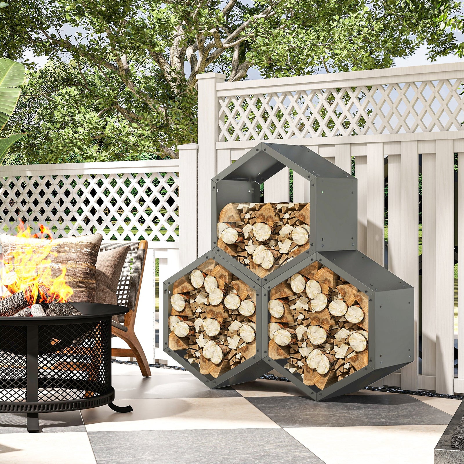 Steel Firewood Log Rack Fireplace Log Holder | Gray