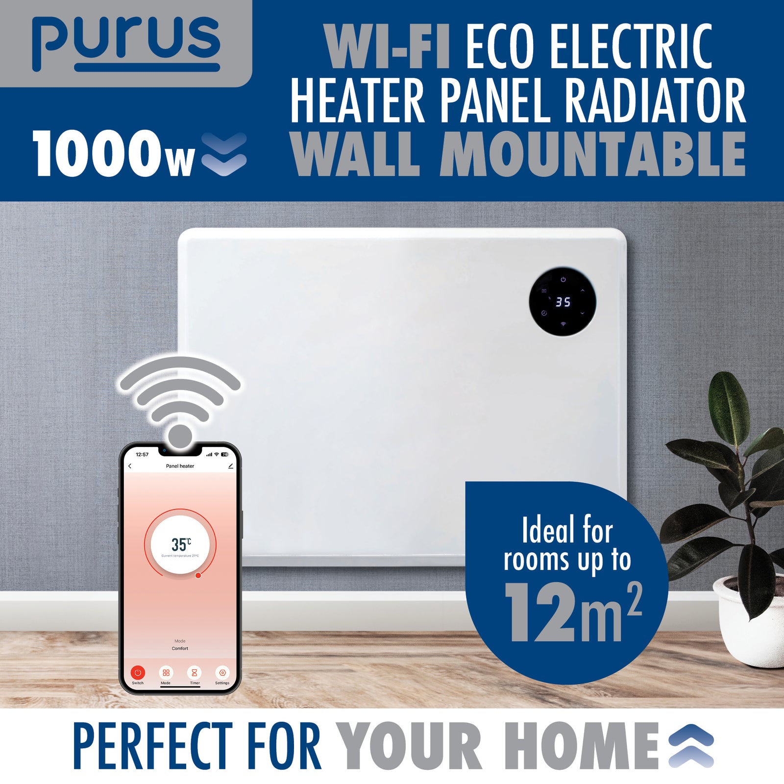 Wifi Smart Electric Radiator Panel Heater White Wall Mounted Or Floor Standing Bathroom Safe Timer And Thermostat | 1000w | White