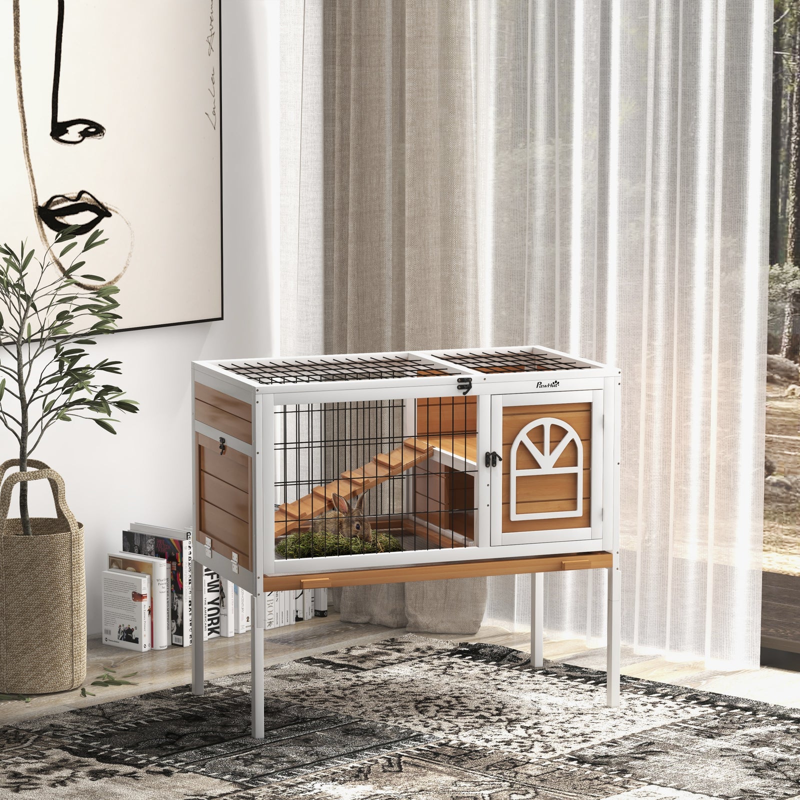Wooden Rabbit Hutch, Small Animal House W/ Removable Tray, Openable Roof | Yellow