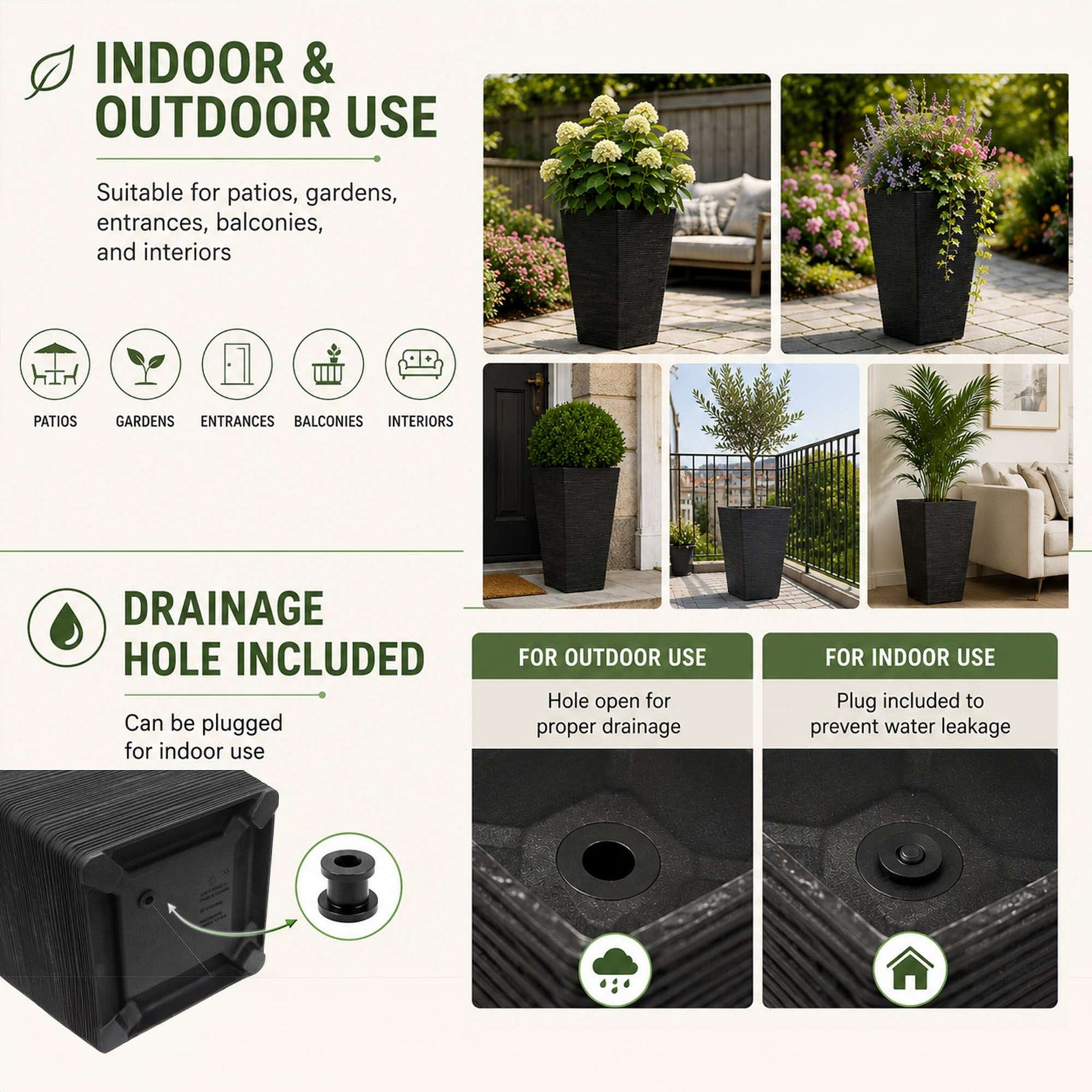 61cm Tall Black Rubber Planters - Indoor Outdoor Planter | Set-of-2