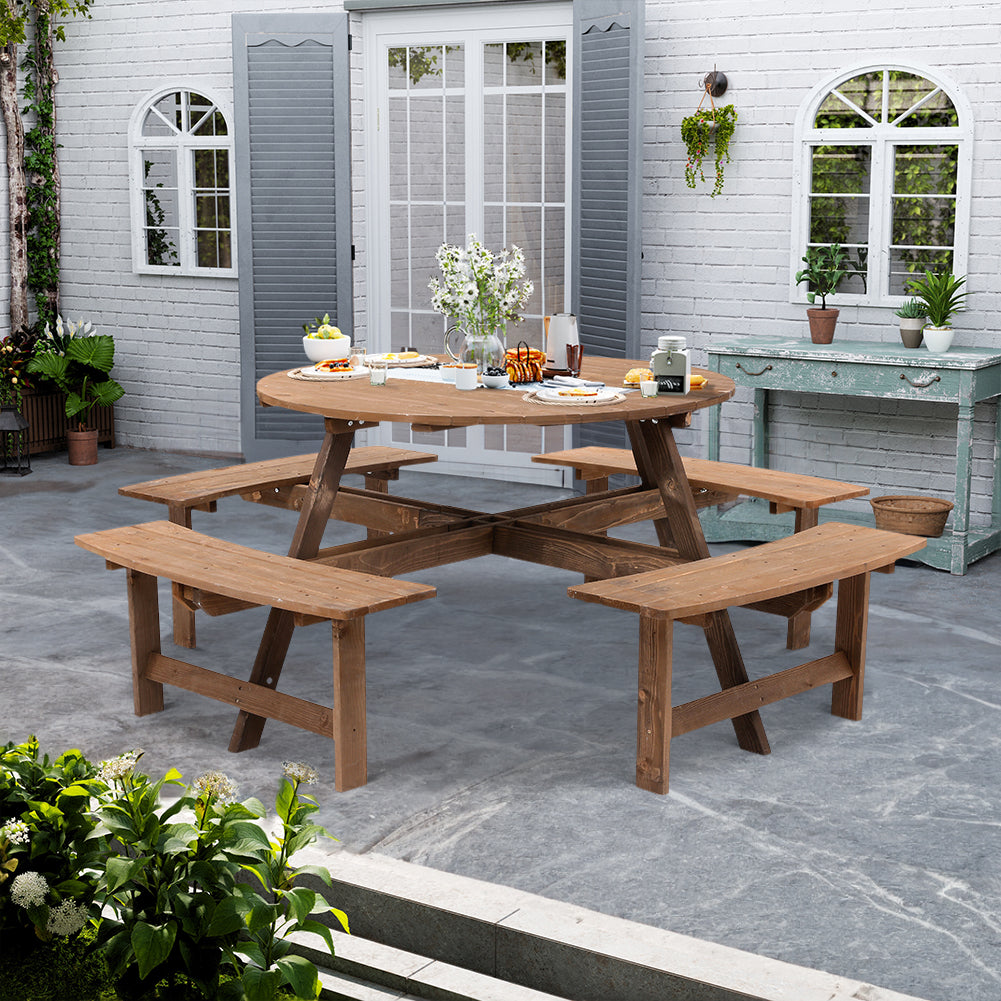 8 Seater Round Wood Picnic Table And Bench Set