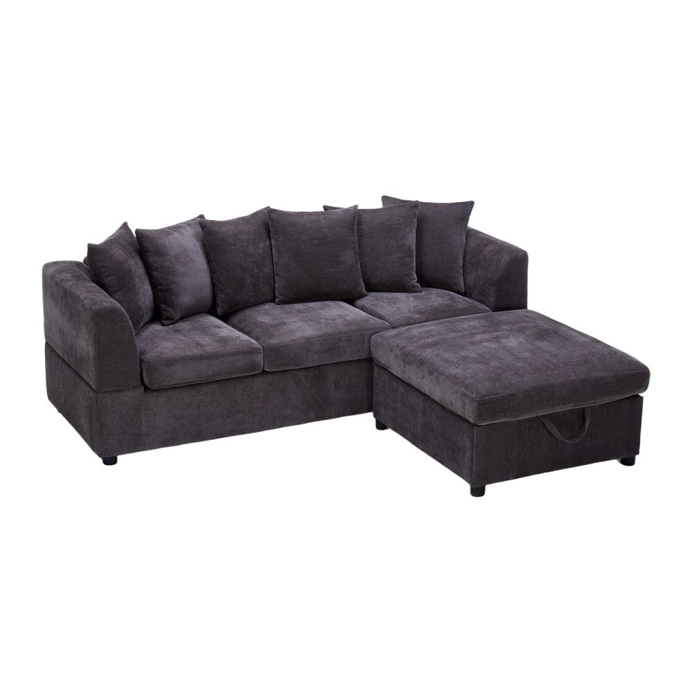 Grey Chenille 3-seater Corner Sofa With Storage Footstool – Wooden Frame, 6 Pillows, Black Legs