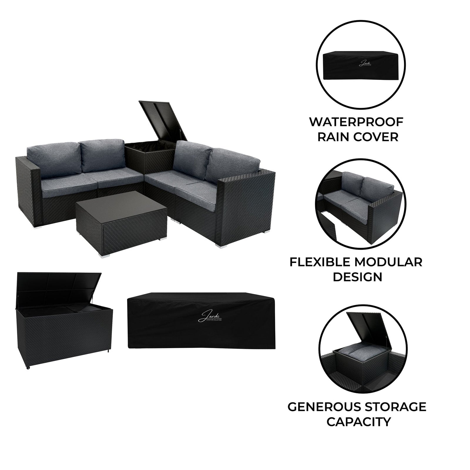 Rattan Modular 6 Piece Furniture Set & 700l Storage Box | Black