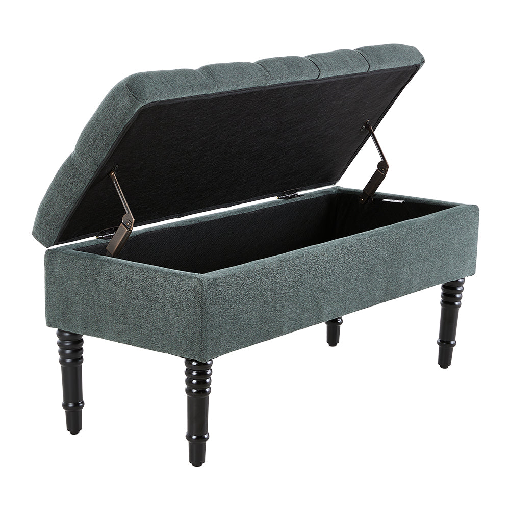 100cm W Linen Upholstered Storage Bench With Black Rubberwood Legs, Ottoman Seat With Hidden Compartment For Bedroom, Living Room, Entryway