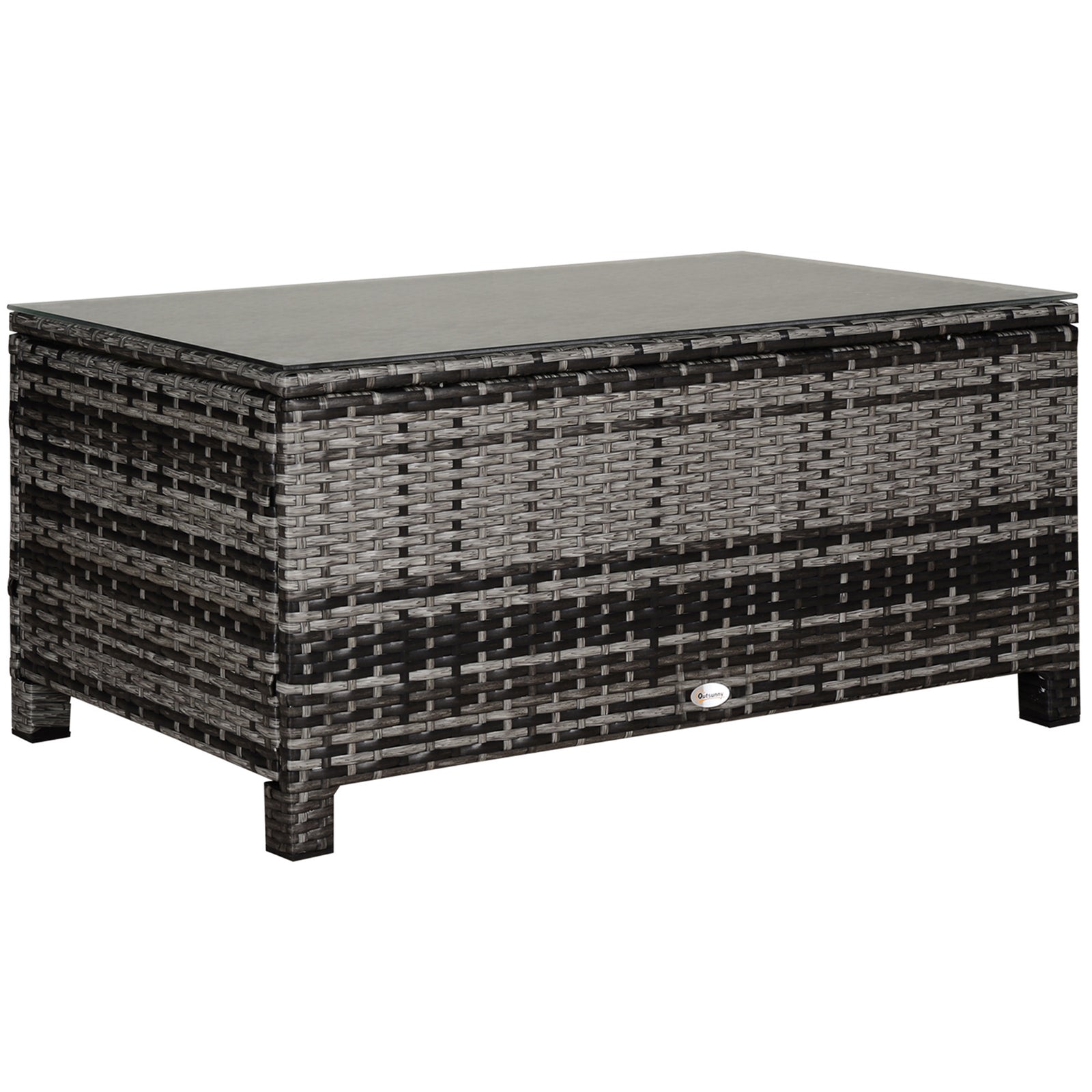 Garden Rattan Side Table,wicker Coffee Desk, Glass Top | Dark Gray