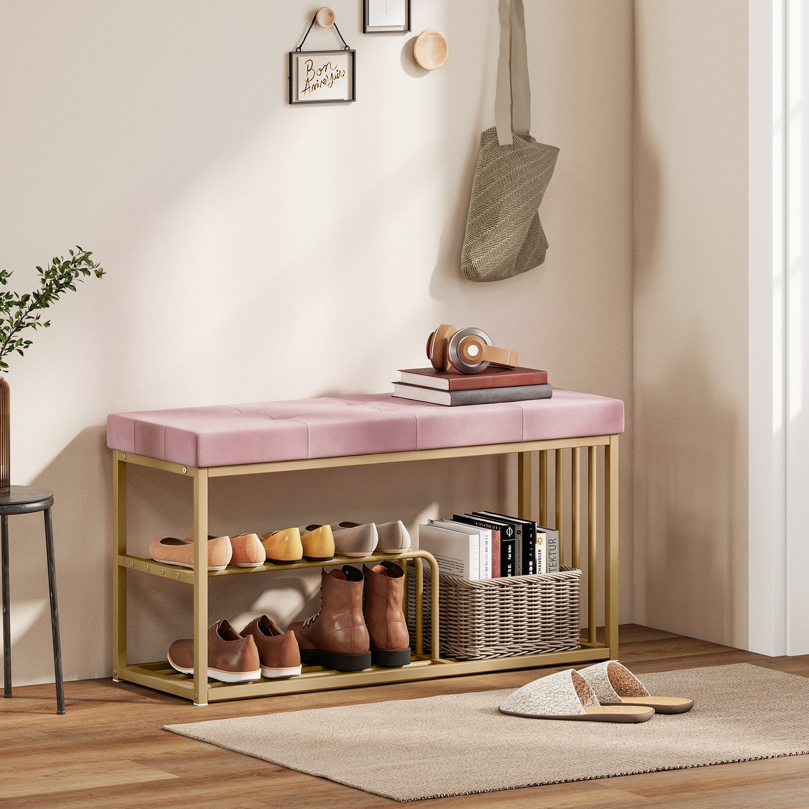 Shoe Storage Bench With Seat Cushion Tufted Shoe Rack Bench | Pink