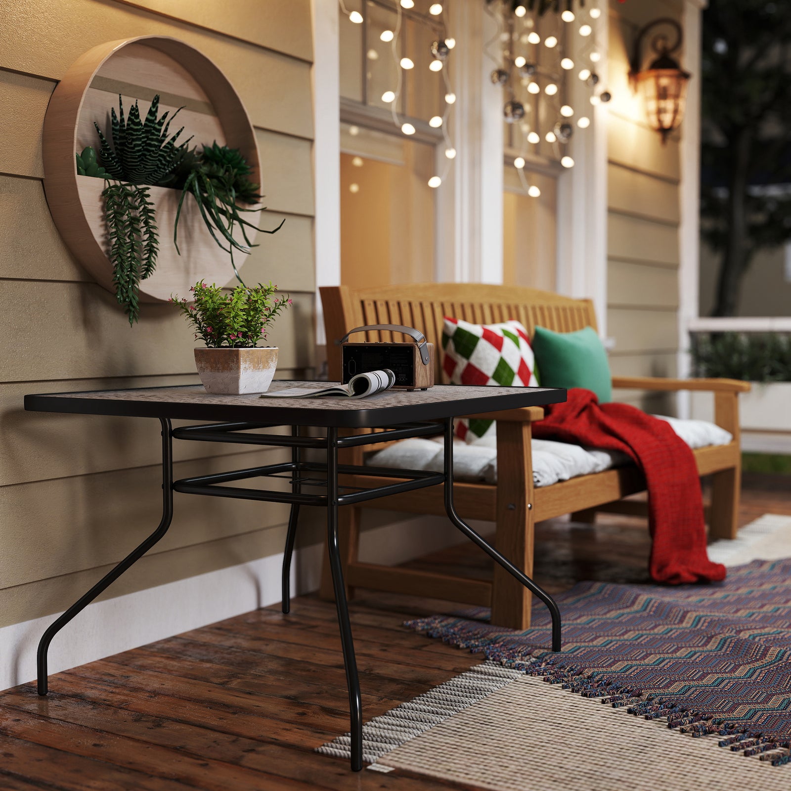 Square Patio Table, Tempered Glass, Steel Frame