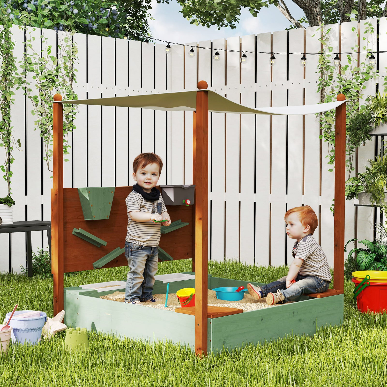 Wood Sandpit, Kids Sandbox With Canopy, For 3-6 Years, 116 X 112.5 X 128 Cm