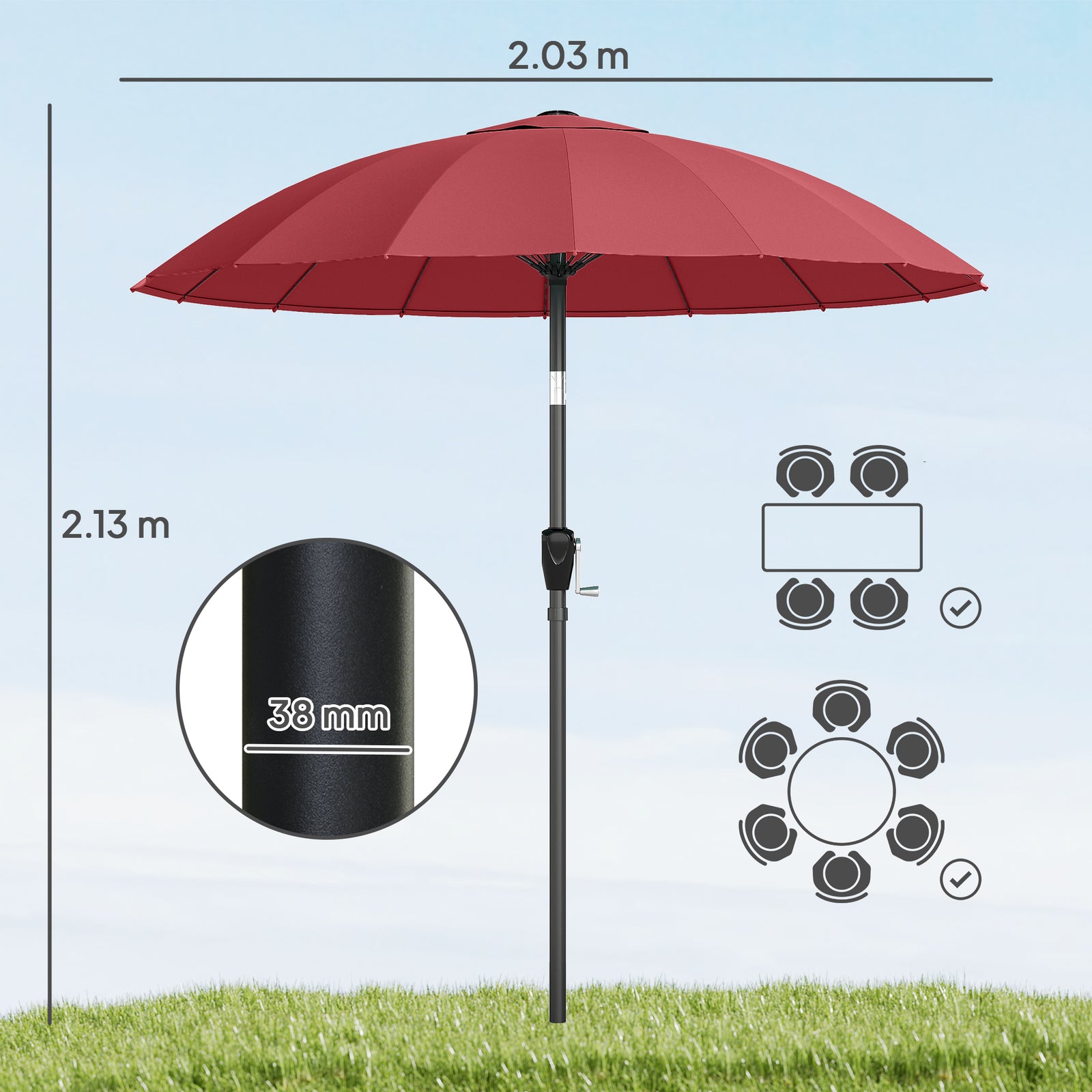 2m Shanghai Garden Parasol Umbrella, Outdoor Sun Shade | Red