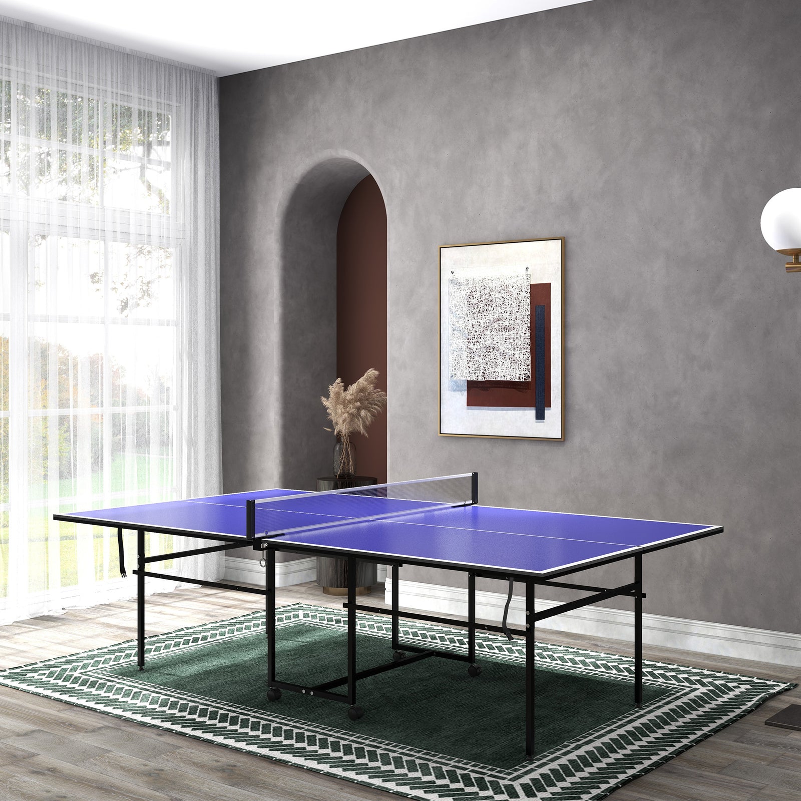 9ft Folding Ping Pong Table, 4 Wheels, 2 Bats | Blue