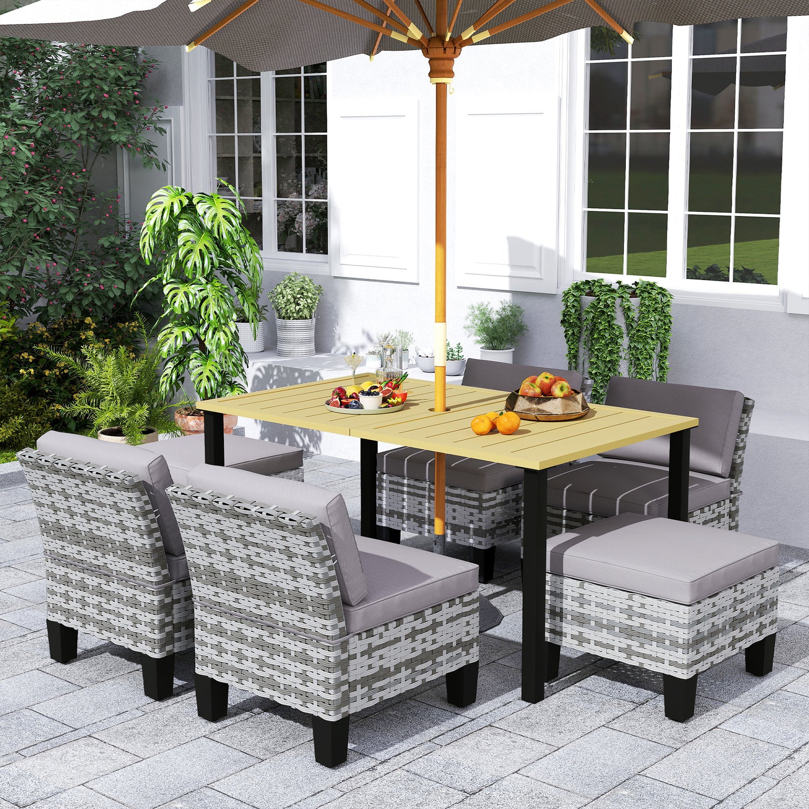7-piece Rattan Dining Set, Slatted Metal Top Table, Grey