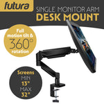 Single & Dual Monitor Arm Desk Mount Gas Spring Bracket 13-32 Inch Screens, Adjustable Stand, Full Motion Tilt Swivel Rotation | Single Monitor Arm | Black