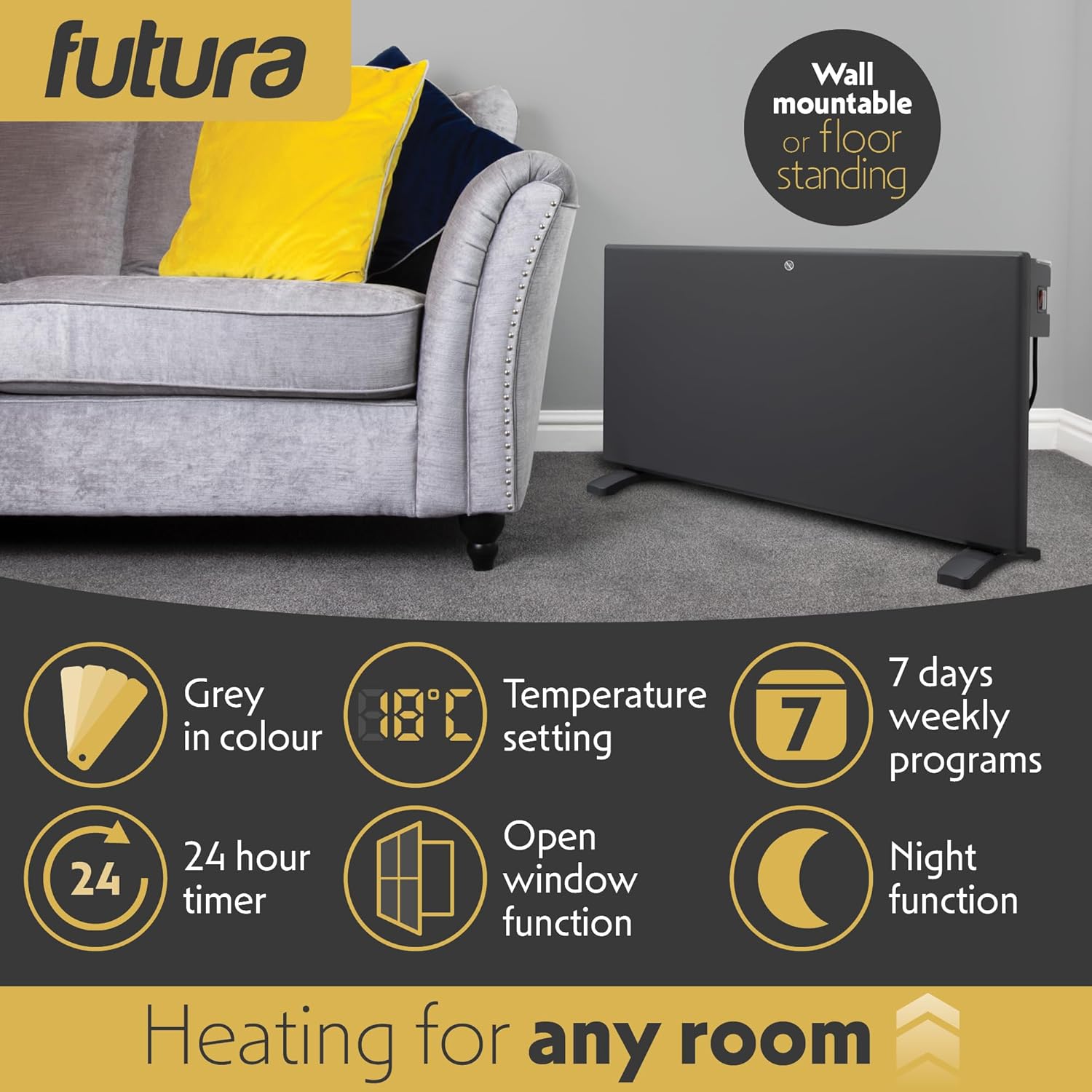 Electric Panel Heater Eco Radiator Grey Wall Mounted & Freestanding Thermostat Control & Setback Timer Lot 20 | 2000w | Grey