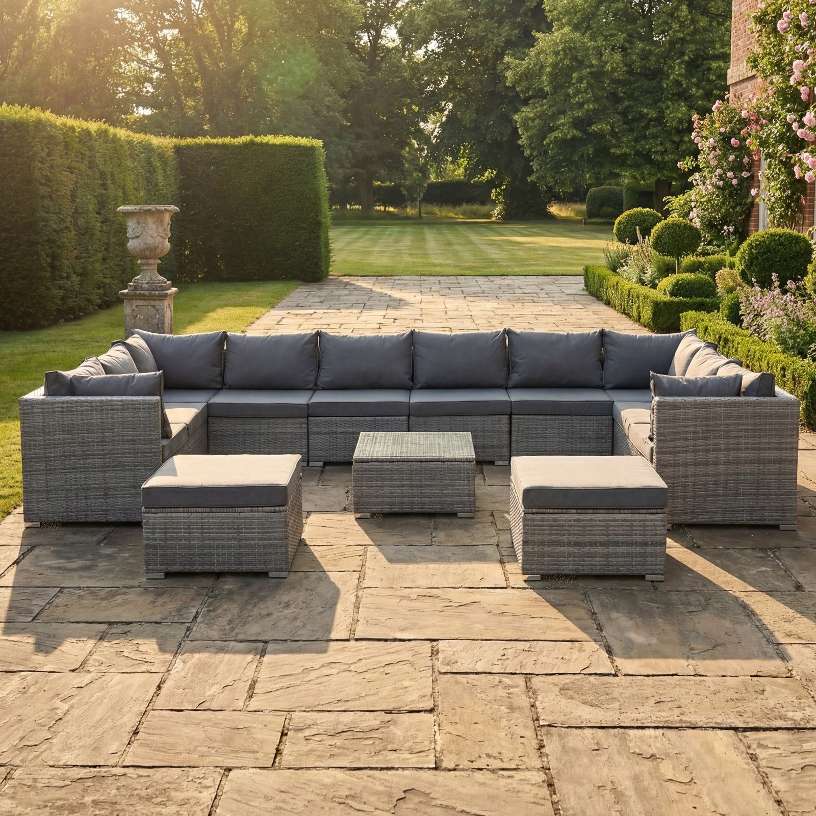 Oliena 12 Seat Modular Rattan Large U-shape Garden Furniture | Grey