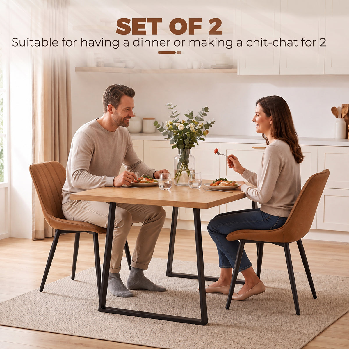 Faux Leather Upholstered Kitchen Chairs With Metal Legs | Brown