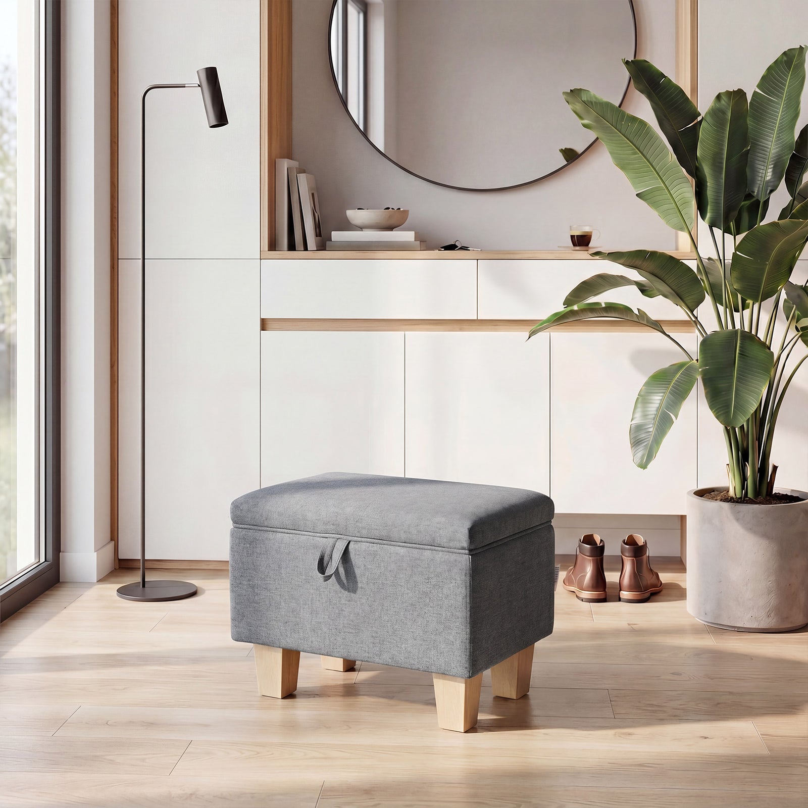 Linen Upholstered Storage Ottoman | Grey