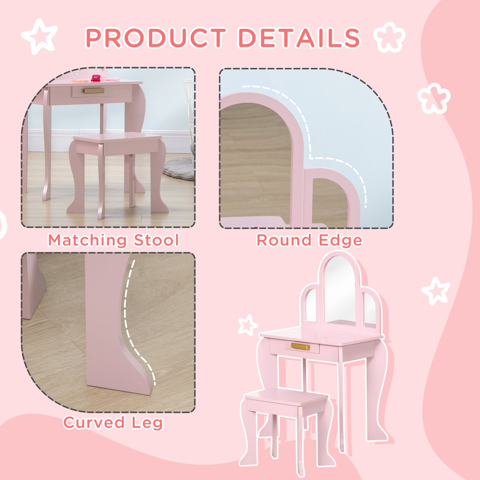 Kids Dressing Table Set Kids Vanity Set W/ Drawer, Mirror | Pink